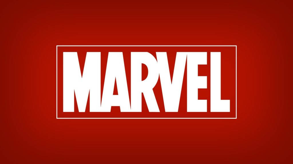 紅色背景上的漫威標誌 壁紙 — 大膽的白色Marvel標誌居中於白色矩形內，背景為純紅色漸變。