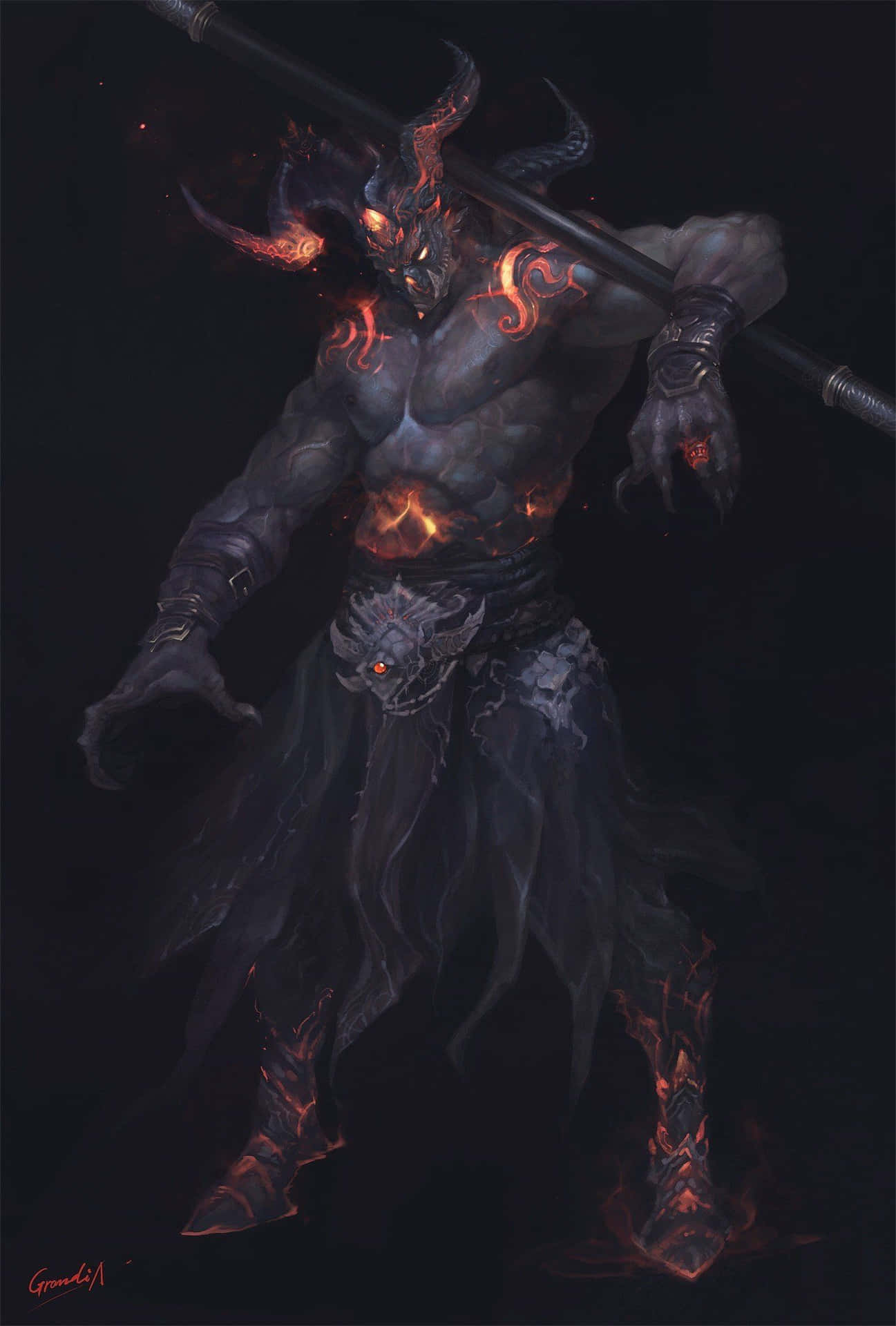 一個帶有發光紅色紋身和角的惡魔戰士，手持法杖。