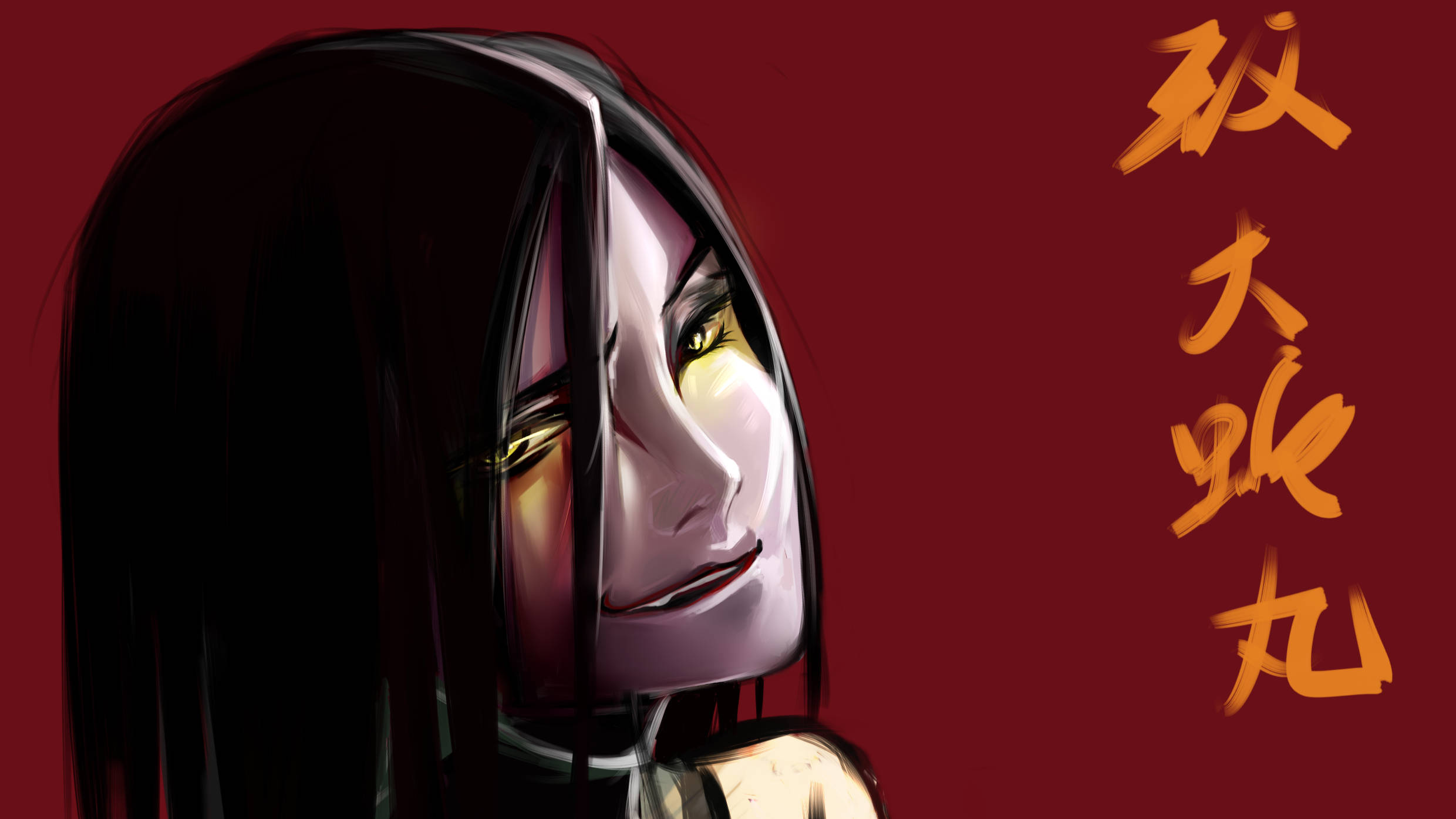紅色背景的 Orochimaru 壁紙 — 長黑髮、發光眼睛的動漫女孩在深紅色背景上微笑，背景上有金色日文字元。