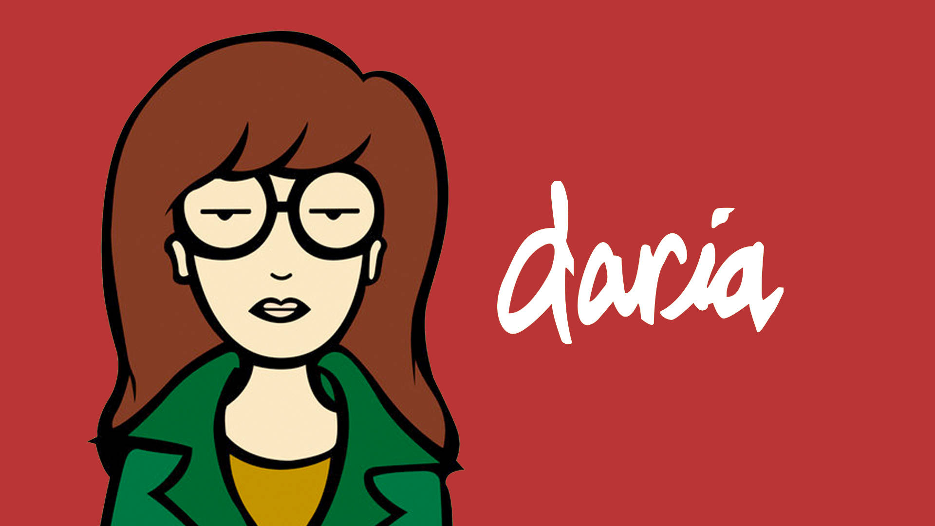 紅色背景的達莉亞海報 壁紙 — 卡通角色 Daria，棕色頭髮戴眼鏡，在純紅色背景上茫然凝視，她的名字以白色字體呈現。