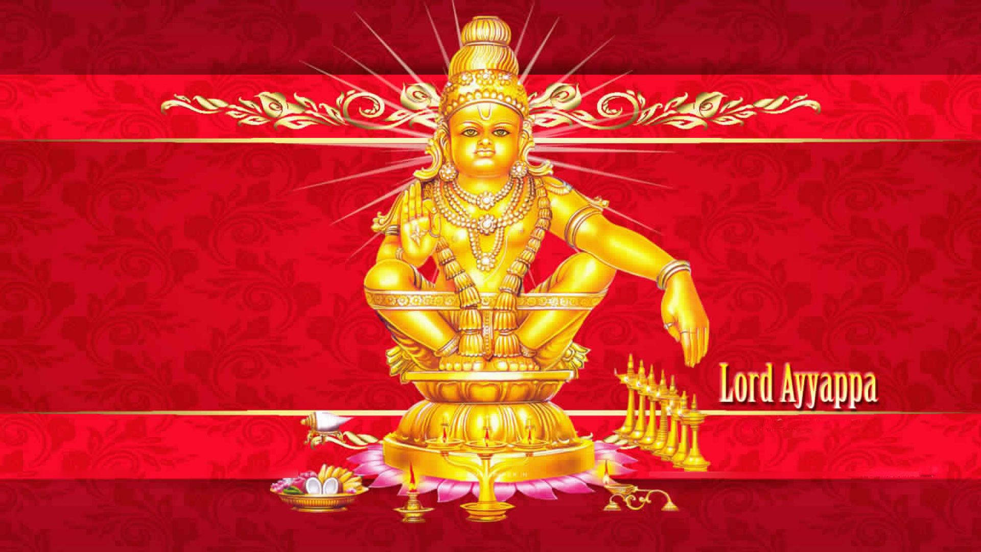 金色嘅Lord Ayyappa雕像坐喺度冥想，有祭品同光芒四射嘅光環。