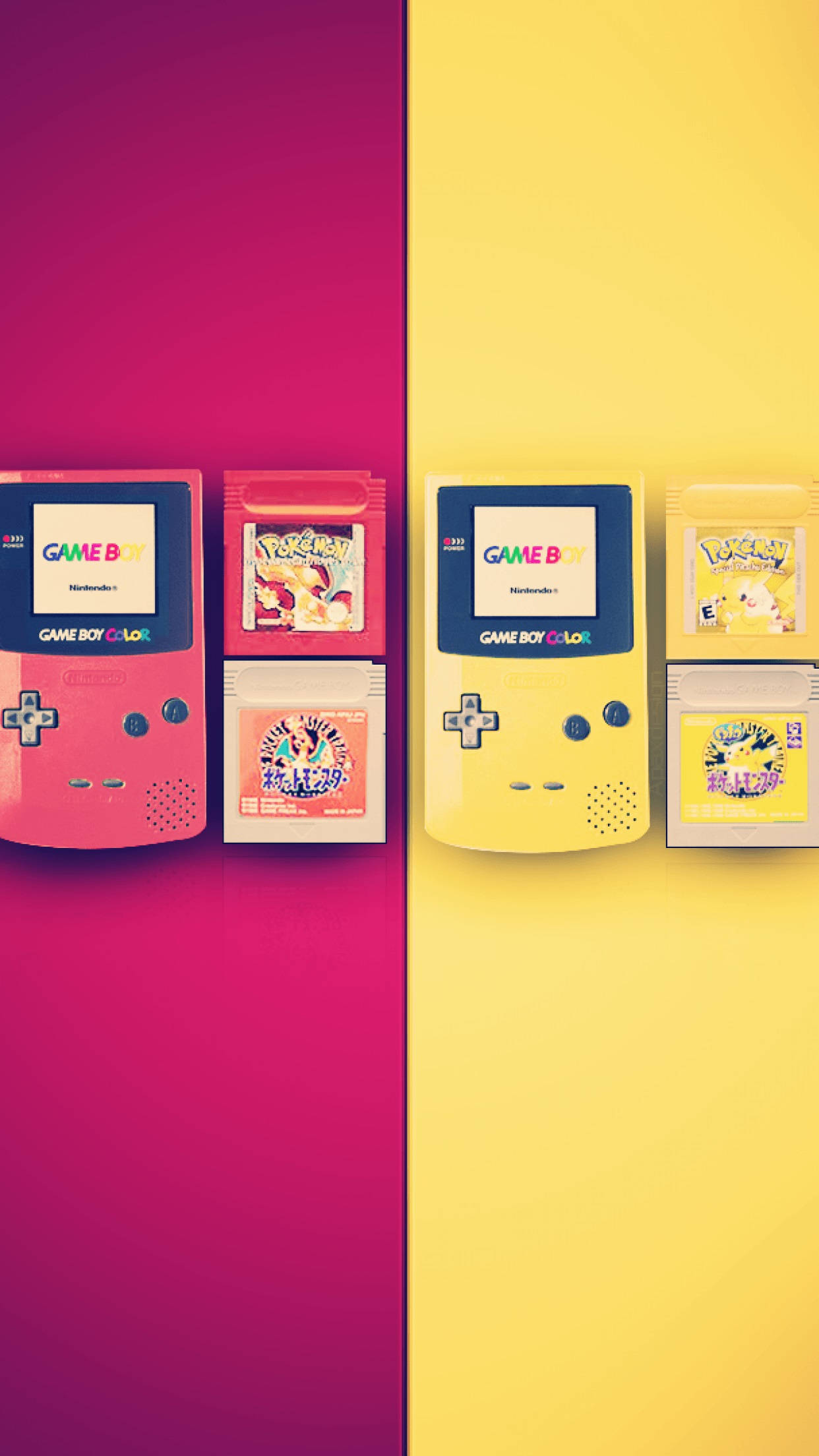 紅色與黃色 Game Boy Color 壁紙 — 兩部粉紅色和黃色的Game Boy Color主機插著寶可夢卡帶，放置在鮮豔的洋紅色和黃色背景前。
