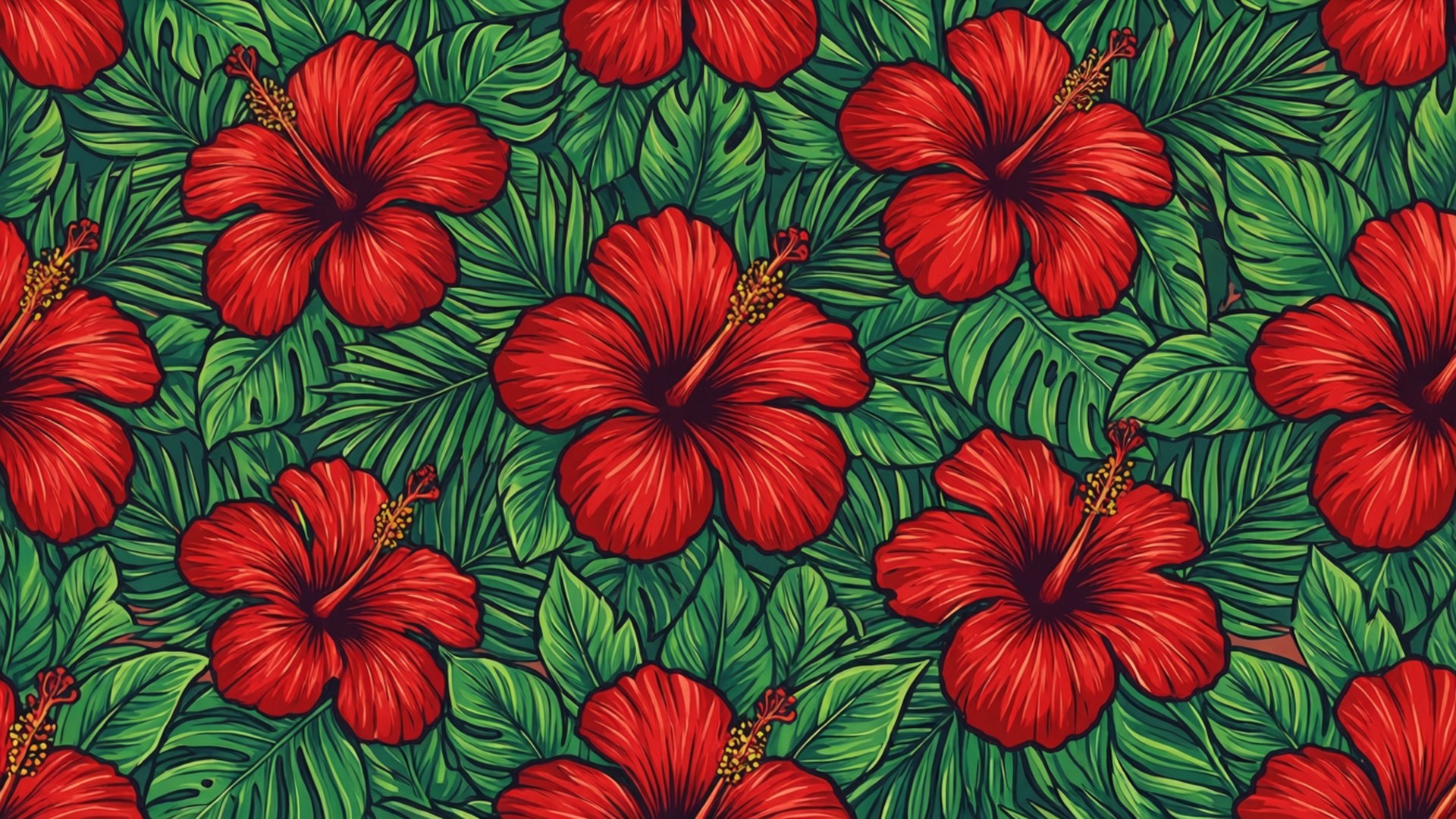 重複圖案中的熱帶芙蓉花和葉子。