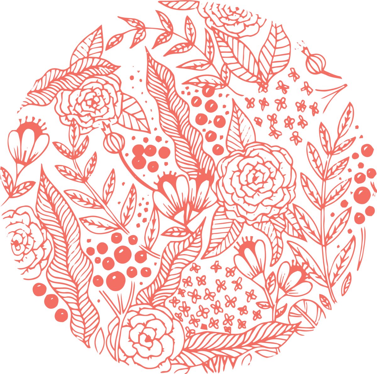 紅色花卉圖案圓形（藍色背景） 壁紙 — 黑色背景上帶有詳細葉片和花朵的圓形珊瑚花卉圖案。