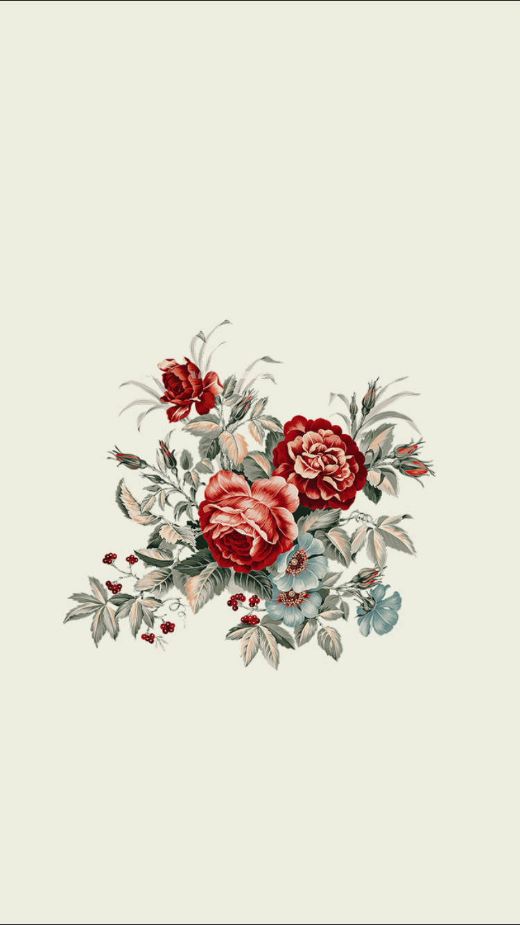 復古花卉插圖，奶油色背景上繪有紅玫瑰和藍色花朵