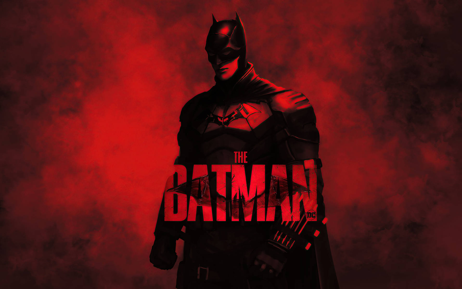 蝙蝠俠在紅色煙霧背景中，帶有「The Batman」標題。