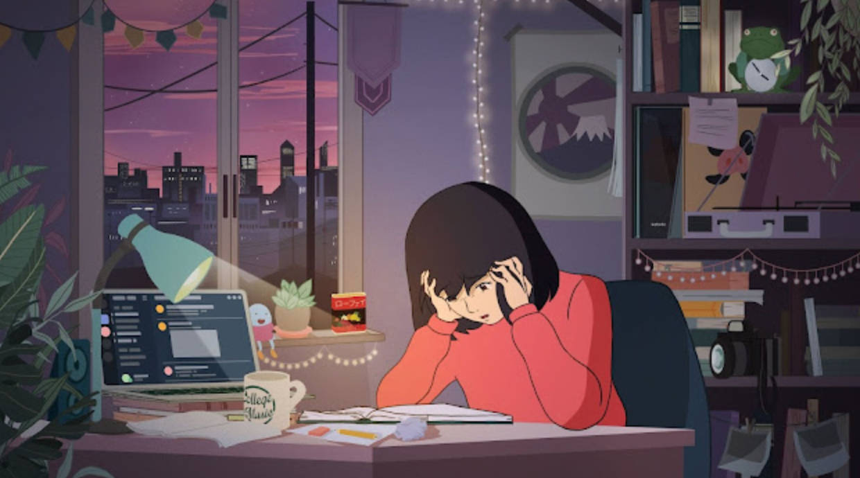 動漫女孩在書桌前疲憊不堪，窗外城市夜景