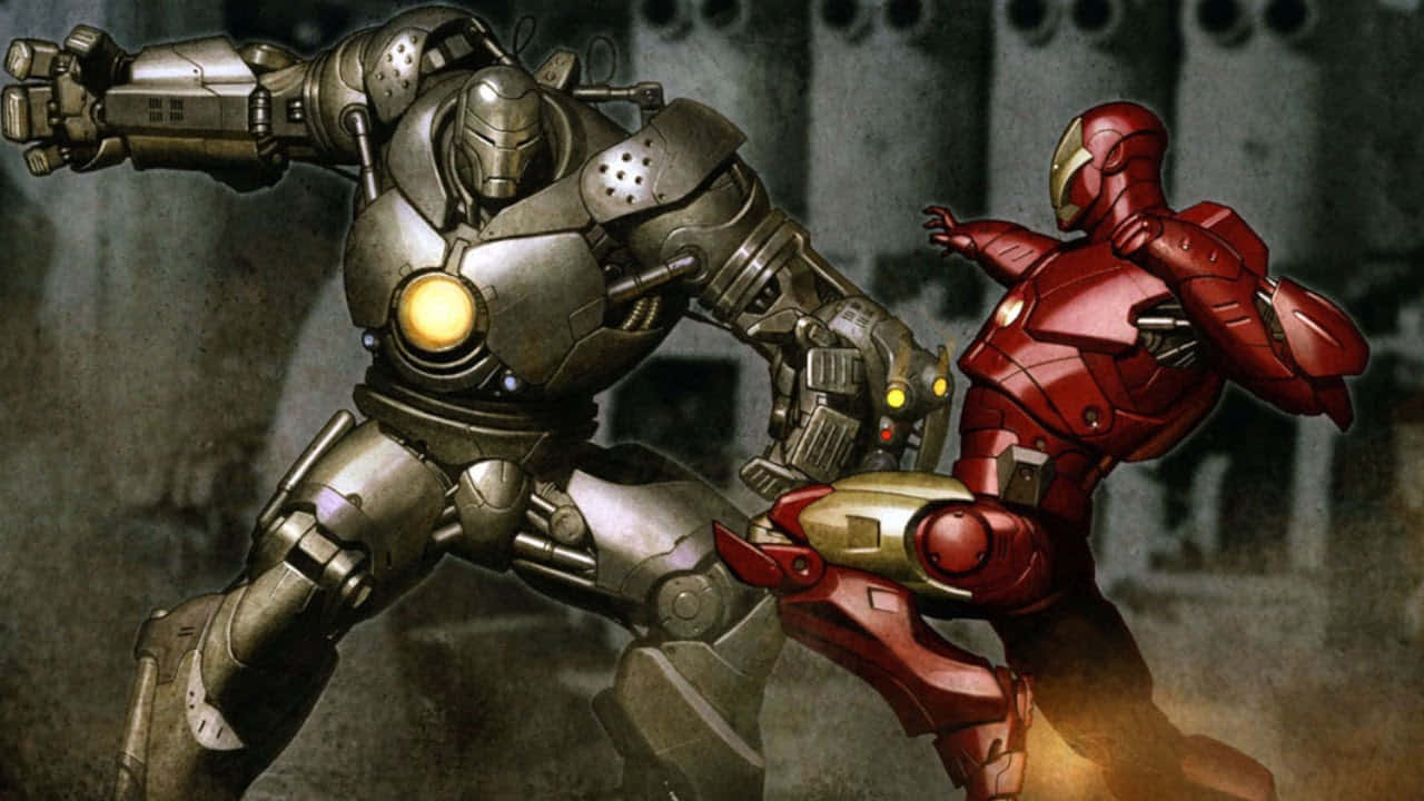 Iron Man Villains 桌布 壁紙 — 紅色裝甲英雄在 gritty 工業戰鬥場景中躲避巨大的銀色裝甲反派。
