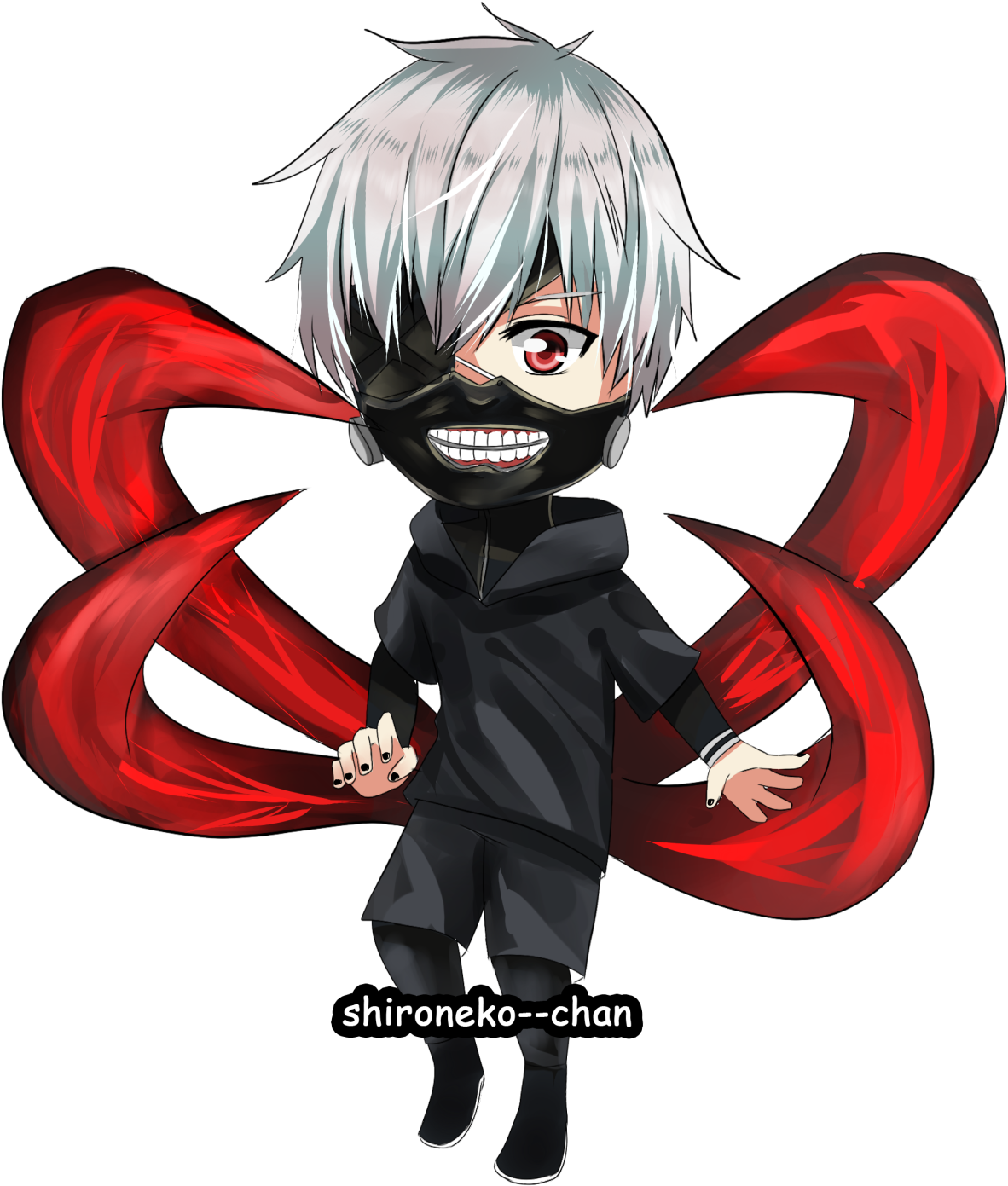 紅色觸手動畫角色 壁紙 — 銀髮紅眼嘅Chibi動漫角色戴住黑色面具同斗篷，紅色布料喺黑暗背景中飄揚。