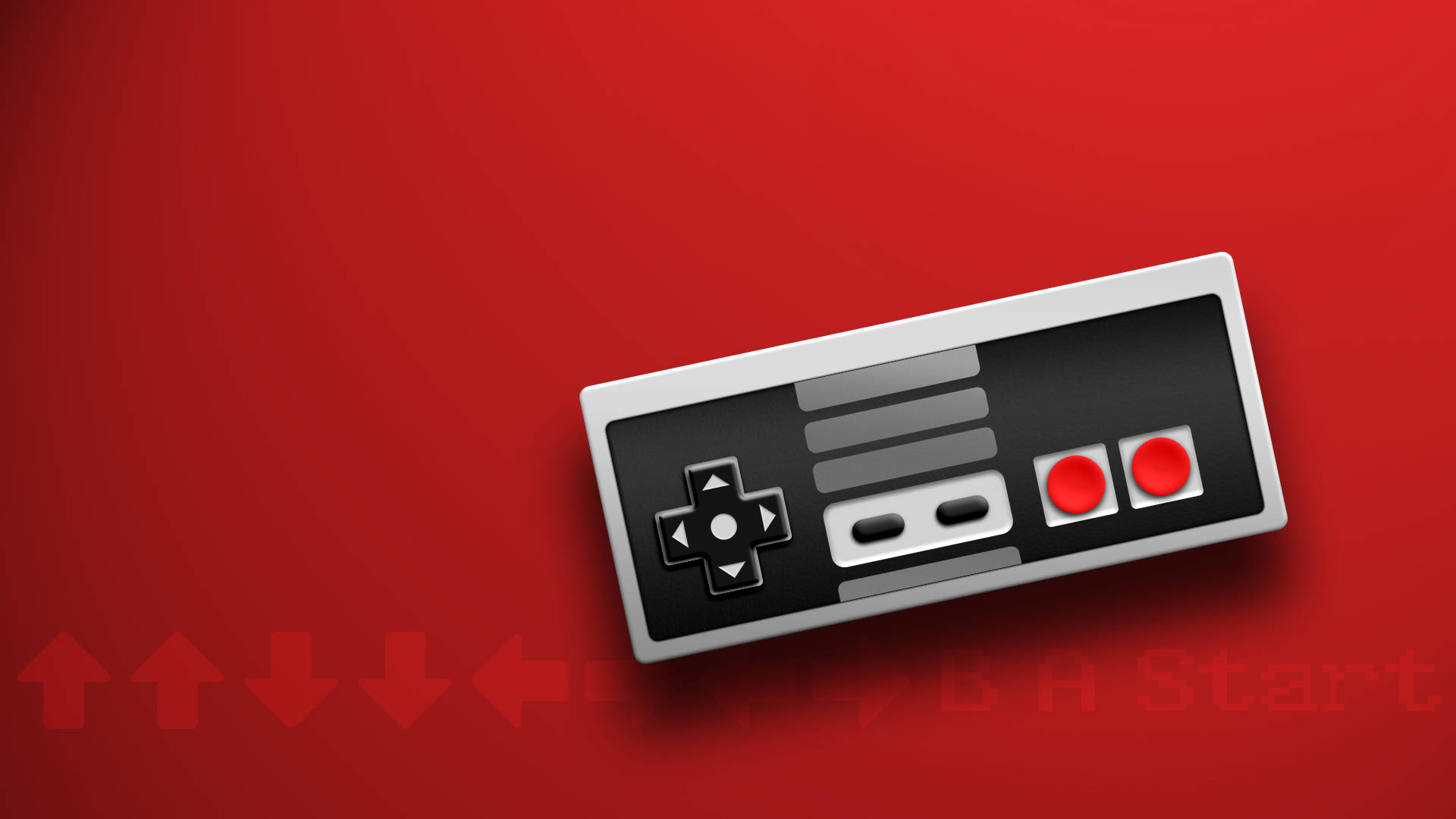 紅色調 NES 控制器 壁紙 — 一個經典的任天堂娛樂系統控制器放置在一個大膽的紅色背景上，帶有模糊的方向箭頭疊加層。