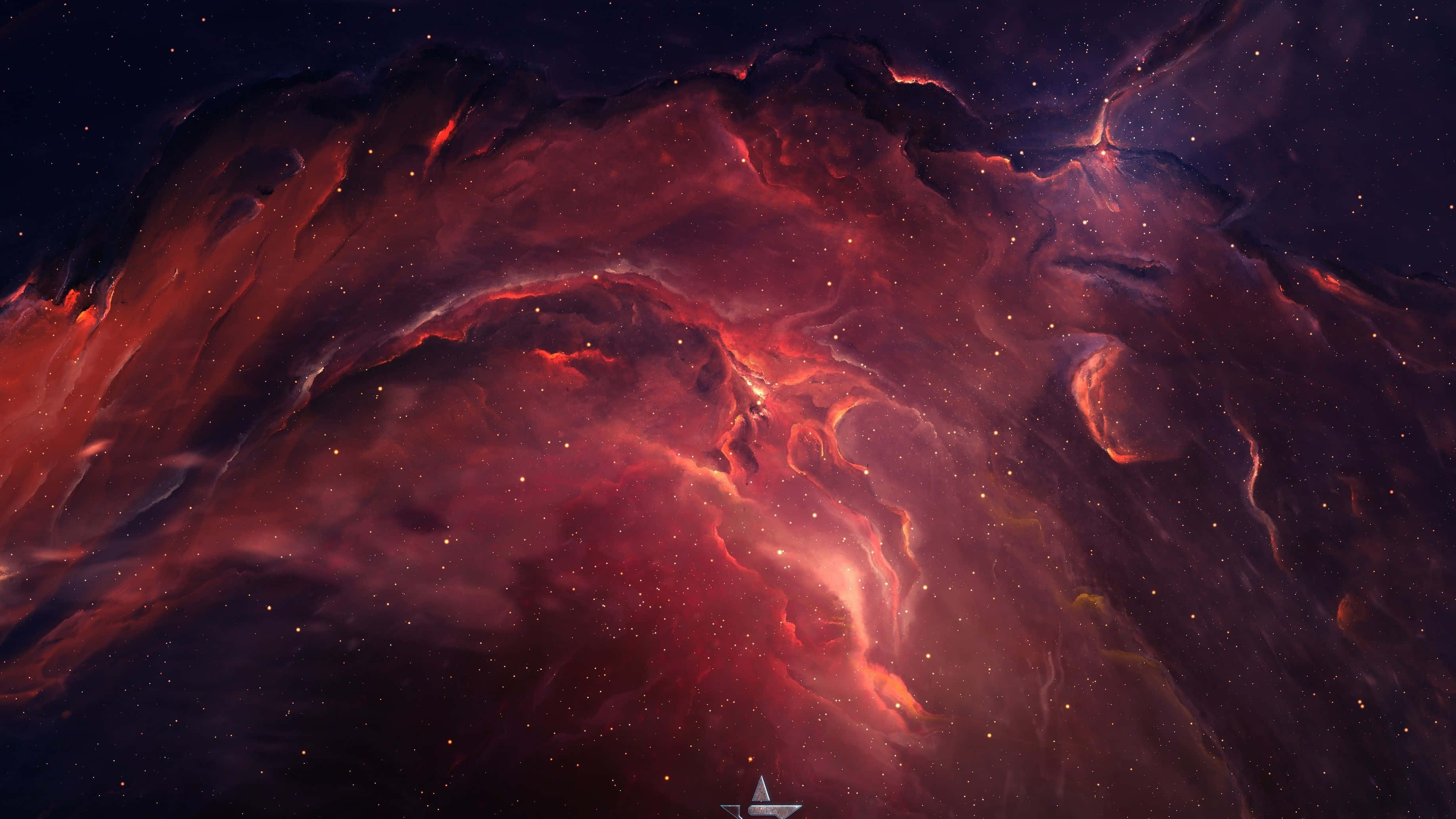 紅色調外太空的壯麗之美 壁紙 — 一個充滿活力的紅色和橙色星雲，帶有發光的絲狀結構和深邃的太空陰影，在繁星點點的宇宙中旋轉。