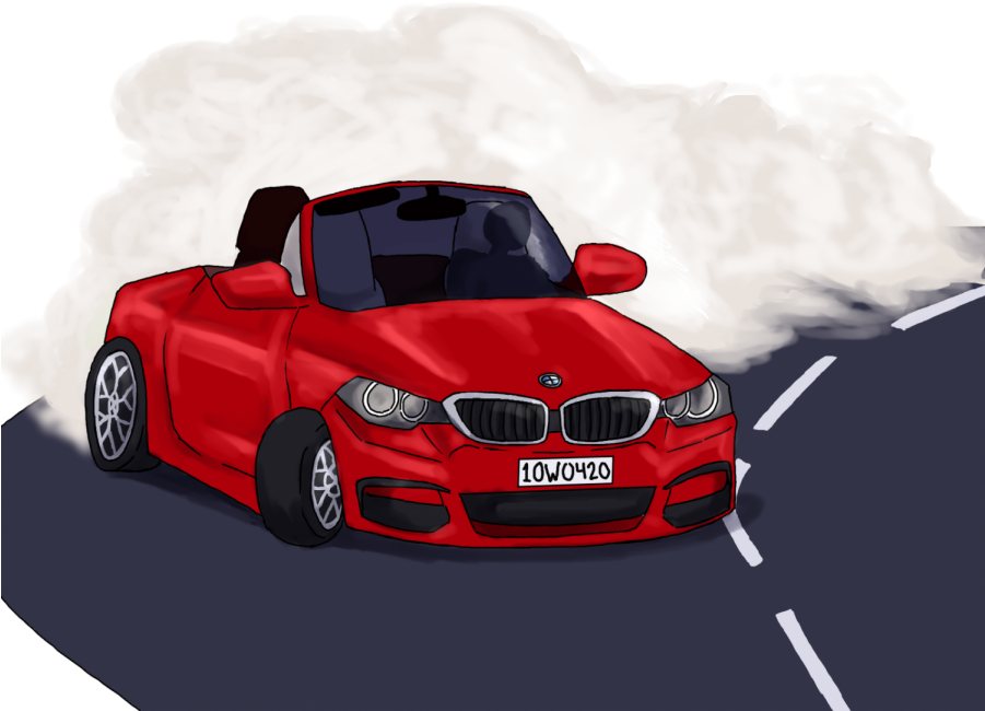 紅色跑車漂移甩尾 壁紙 — 一輛鮮紅色的BMW開篷跑車在黑暗的道路上飄移過彎，揚起白煙。