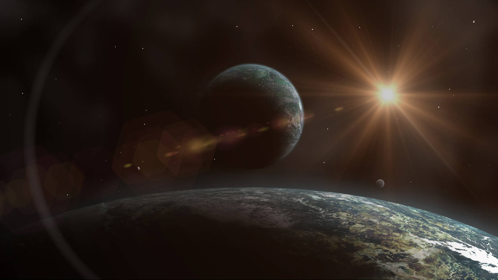 一顆被陽光照射的行星，有一顆衛星在太空中繞行，周圍環繞著星星。
