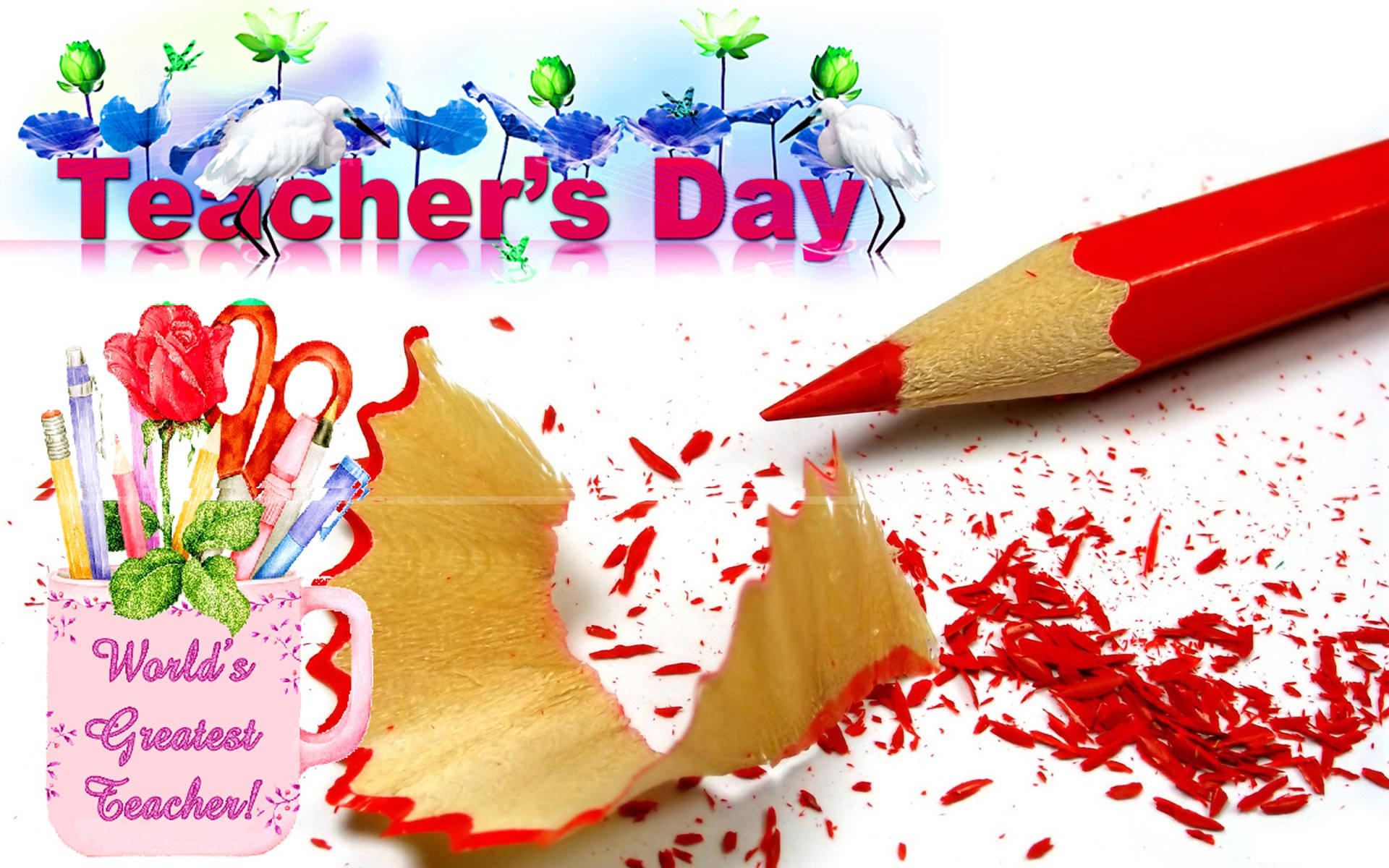 Happy Teachers Day 桌布 壁紙 — 紅色鉛筆與鉛筆屑灑在一個裝有筆、剪刀和玫瑰的杯子旁邊，下方有「教師節」文字，伴有鳥和花朵。