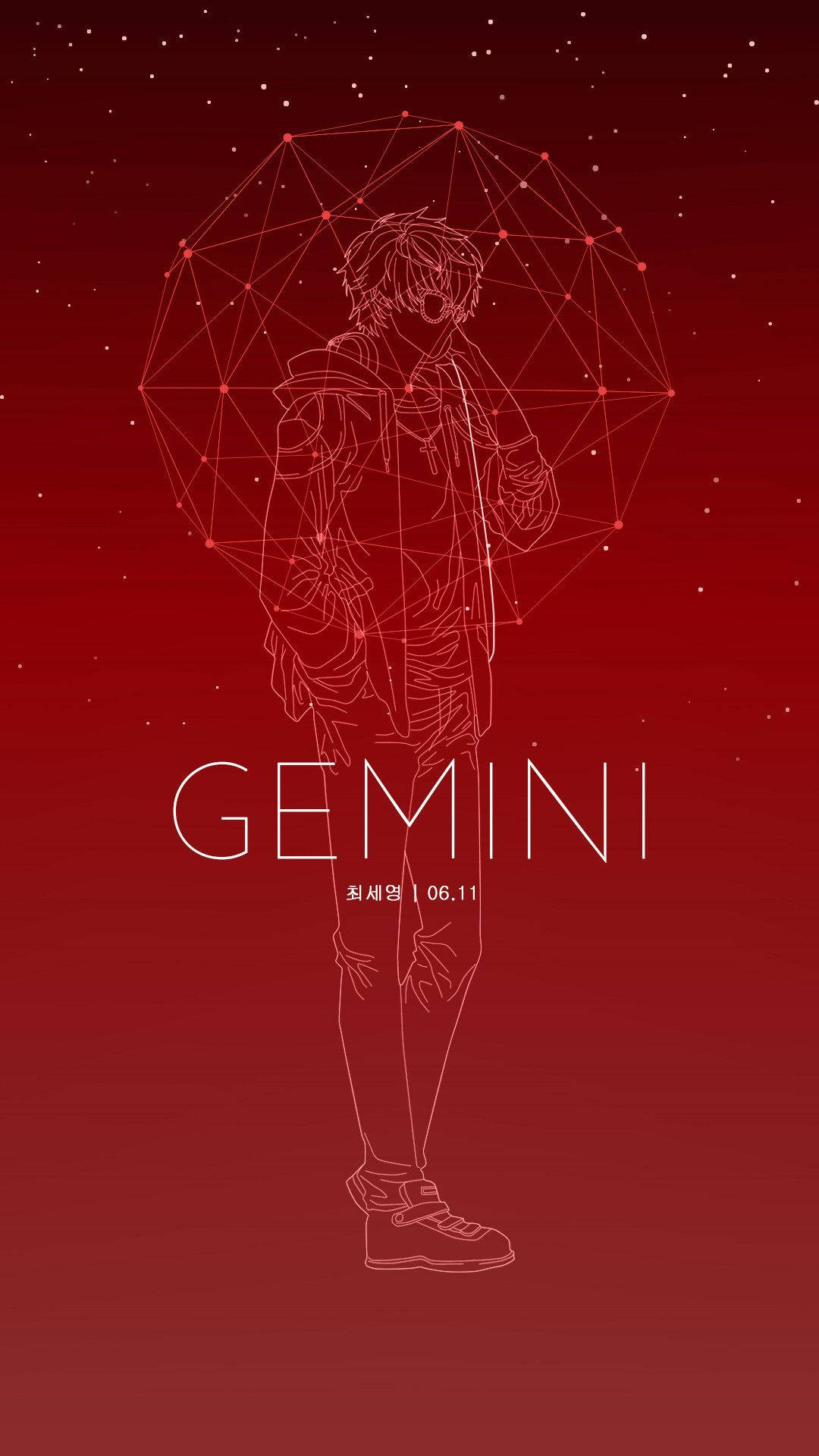 紅色雙子座星座海報 壁紙 — 一個風格化的動漫人物站在幾何星形穹頂下，背景是深紅色漸變，帶有 'GEMINI' 文字。