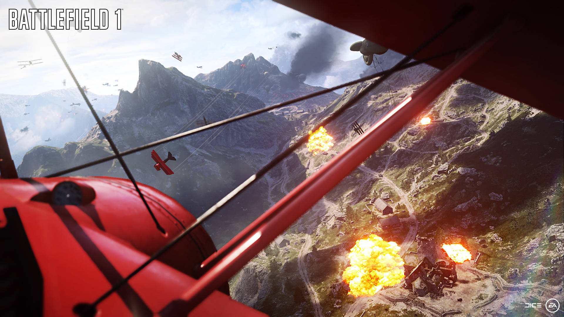 Battlefield 1 HD 桌布 壁紙 — 紅色雙翼機駕駛艙視角，翱翔於山區地形之上，下方在空戰中爆發爆炸。