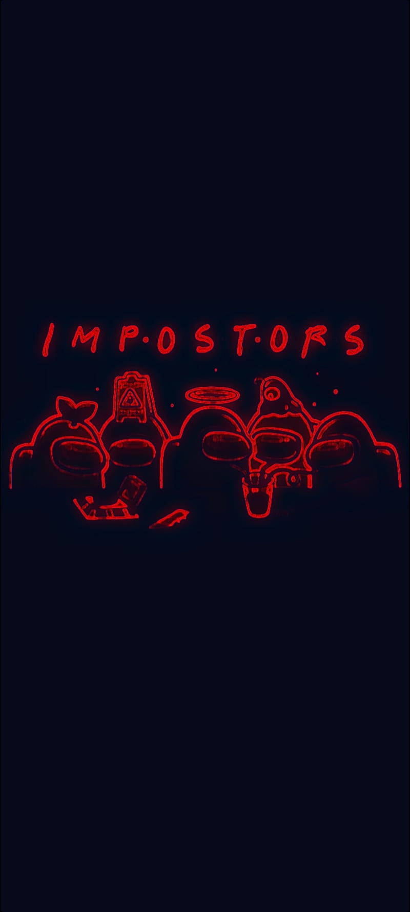 Among US Impostor 桌布 壁紙 — 紅色霓虹輪廓的冒名頂替角色和單詞 impostors 在黑暗背景上發光。