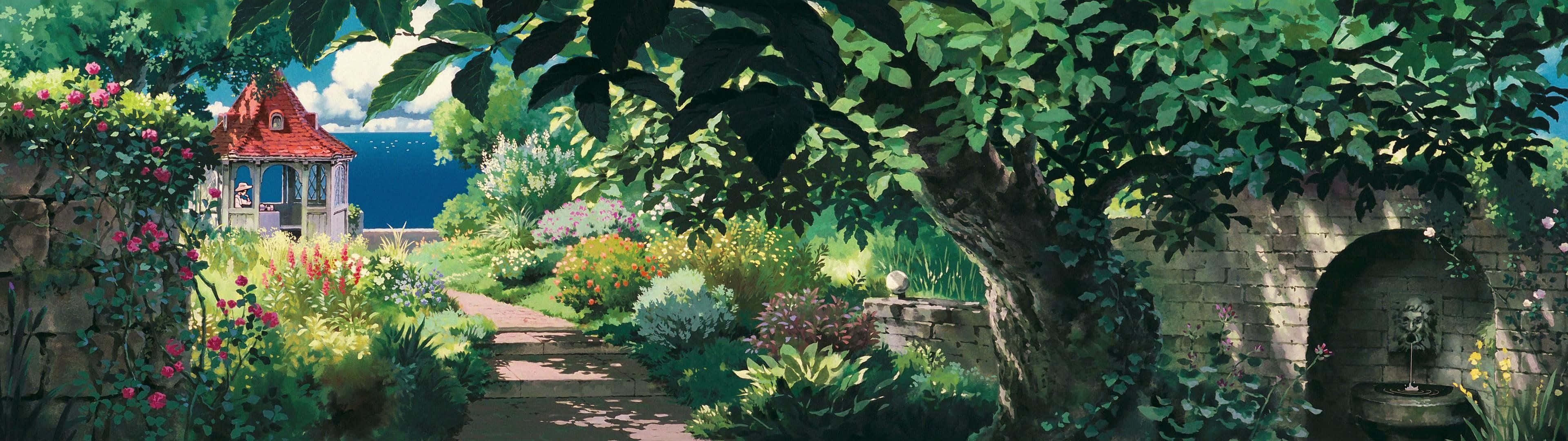 《紅色飛行員》中的飛機翱翔天際 壁紙 — 一條陽光明媚的花園小徑蜿蜒穿過色彩繽紛的花朵和石拱門，通往一個俯瞰大海的紅頂涼亭。