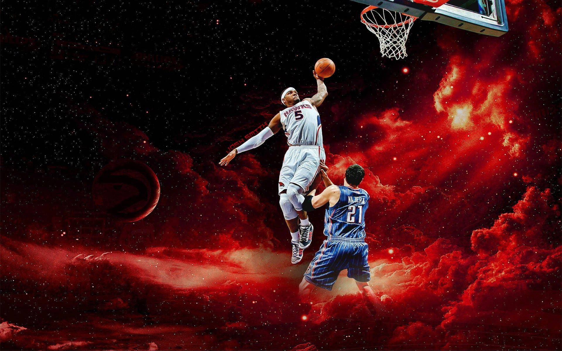 兩名籃球運動員在太空中，背景是紅色星雲，其中一名正在入樽。