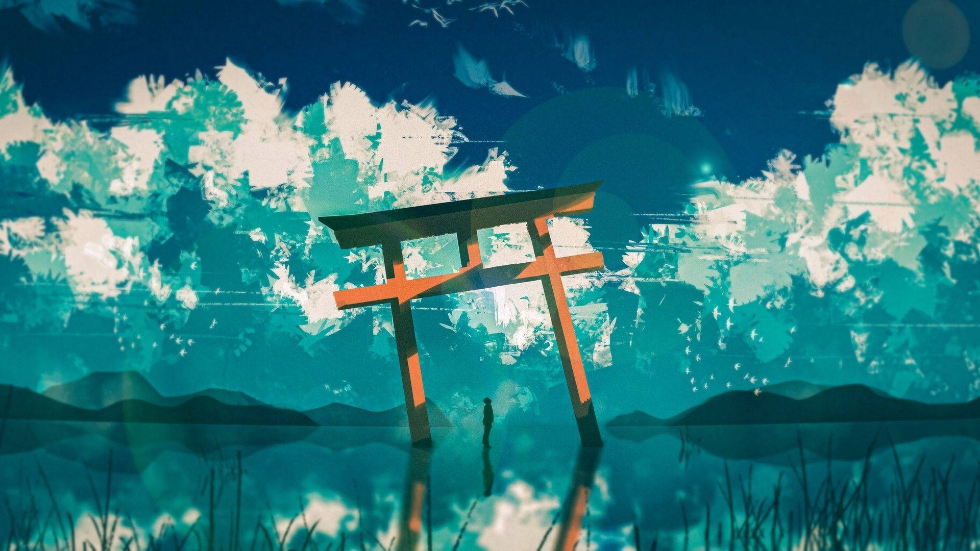 一個孤獨的人影站在紅色鳥居下，倒映在平靜的水中，上方是風格化的青綠色天空。