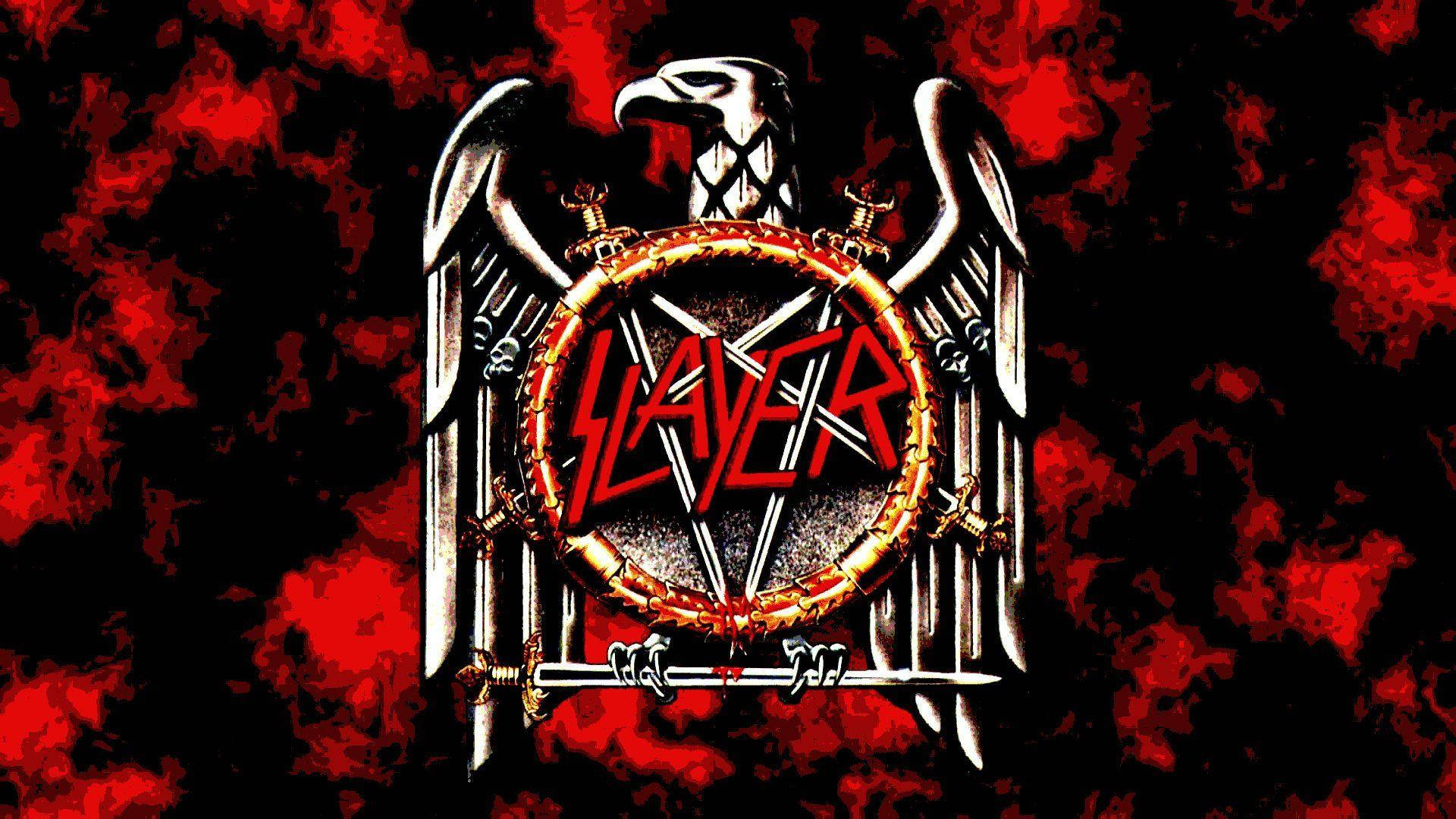 Slayer 樂隊標誌，帶有鷹頭骨、劍和紅色火焰。