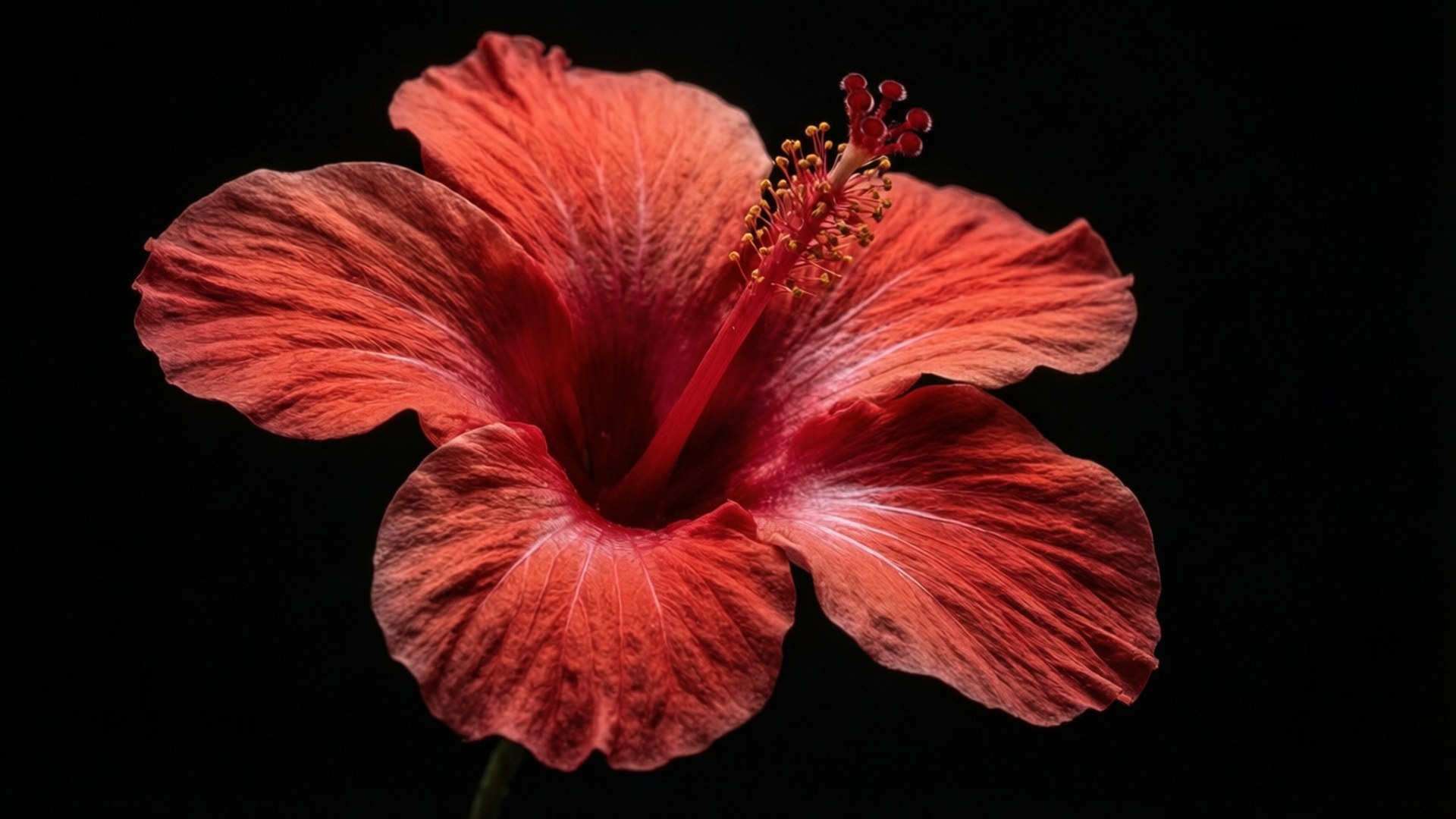 一朵紅色芙蓉花，帶有詳細的雄蕊，背景為黑色