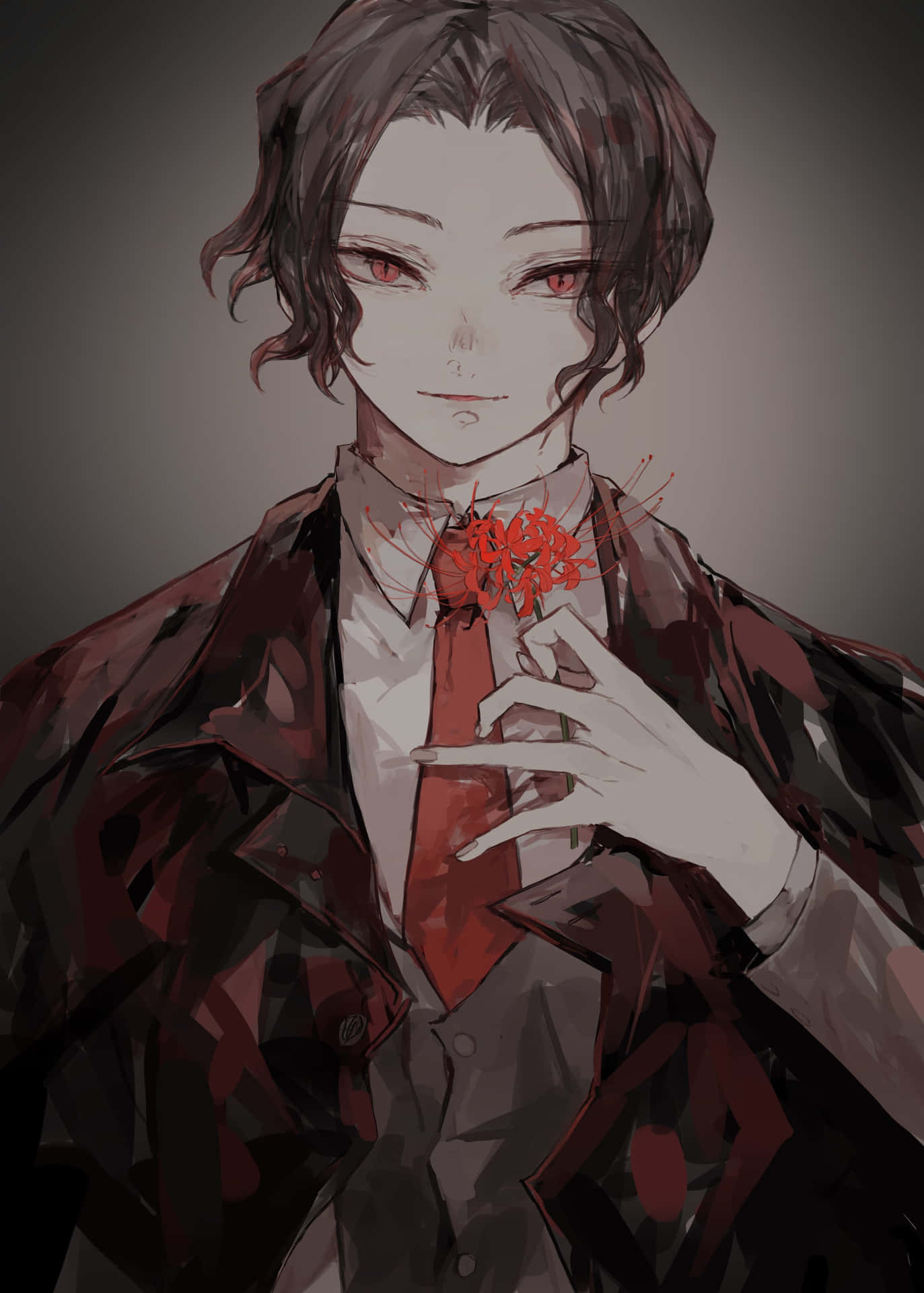 紅眼動漫男子在深色外套中將紅花貼在胸前。