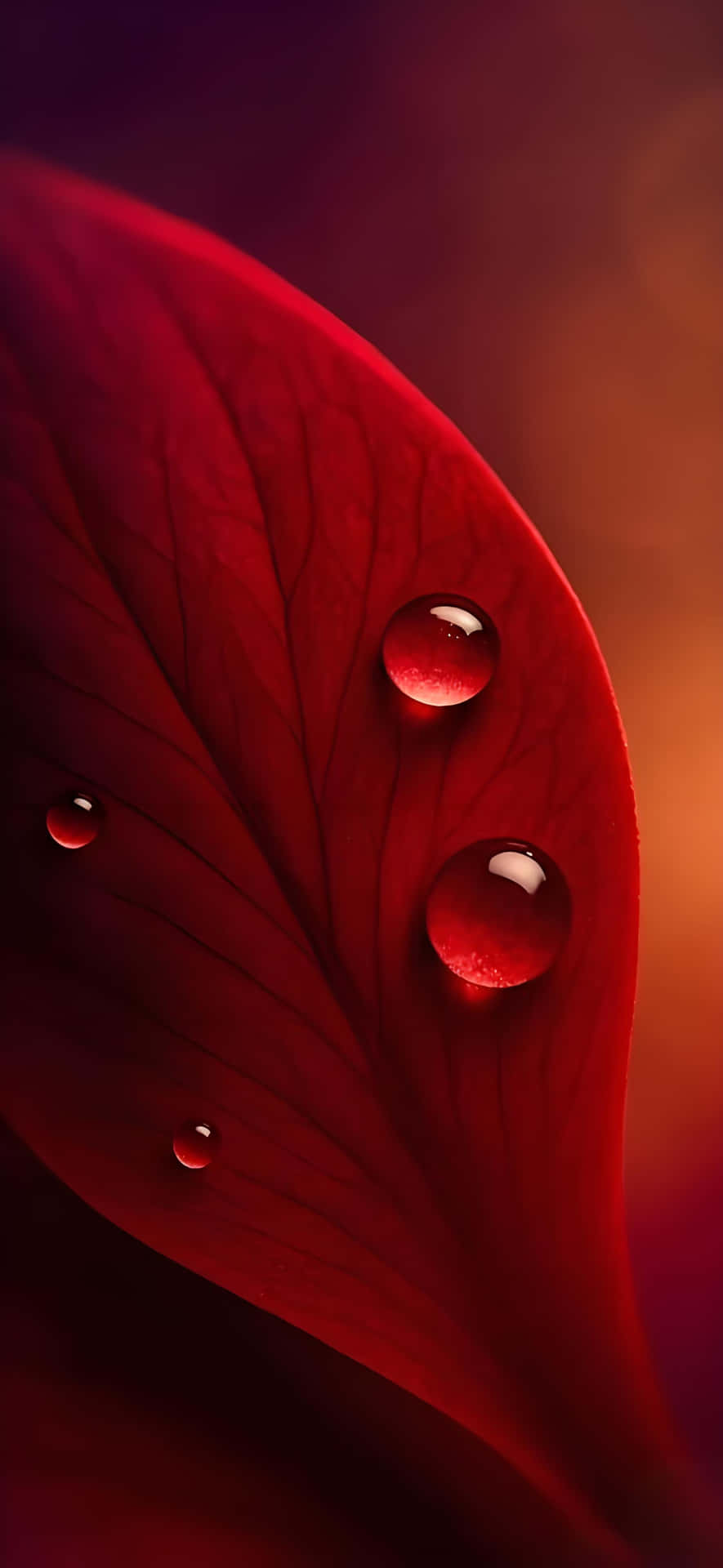 特寫：紅葉上的露珠，背景柔和溫暖
