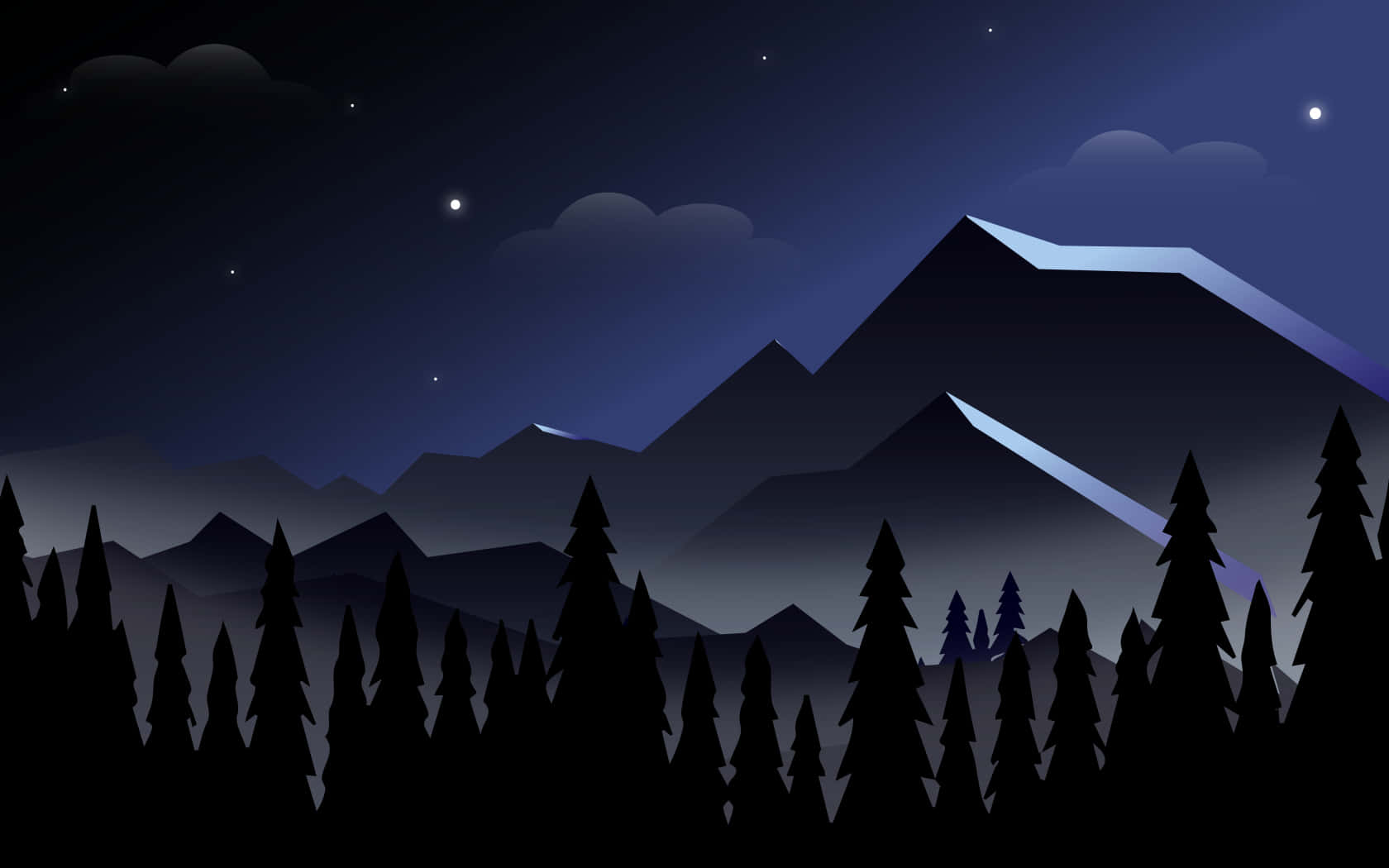 夜晚山景，松樹與星空