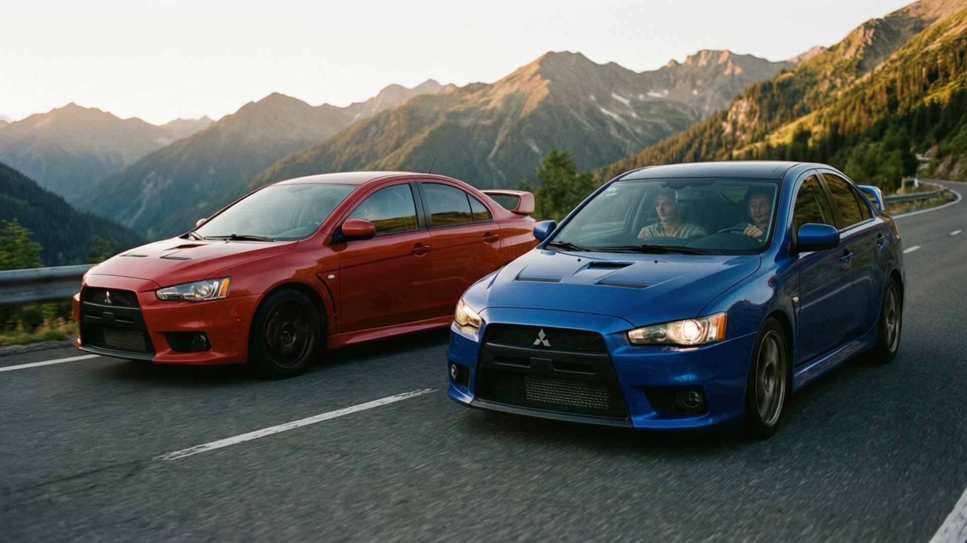 兩輛紅色和藍色的三菱Lancer Evolution汽車在日落時分行駛在山路上