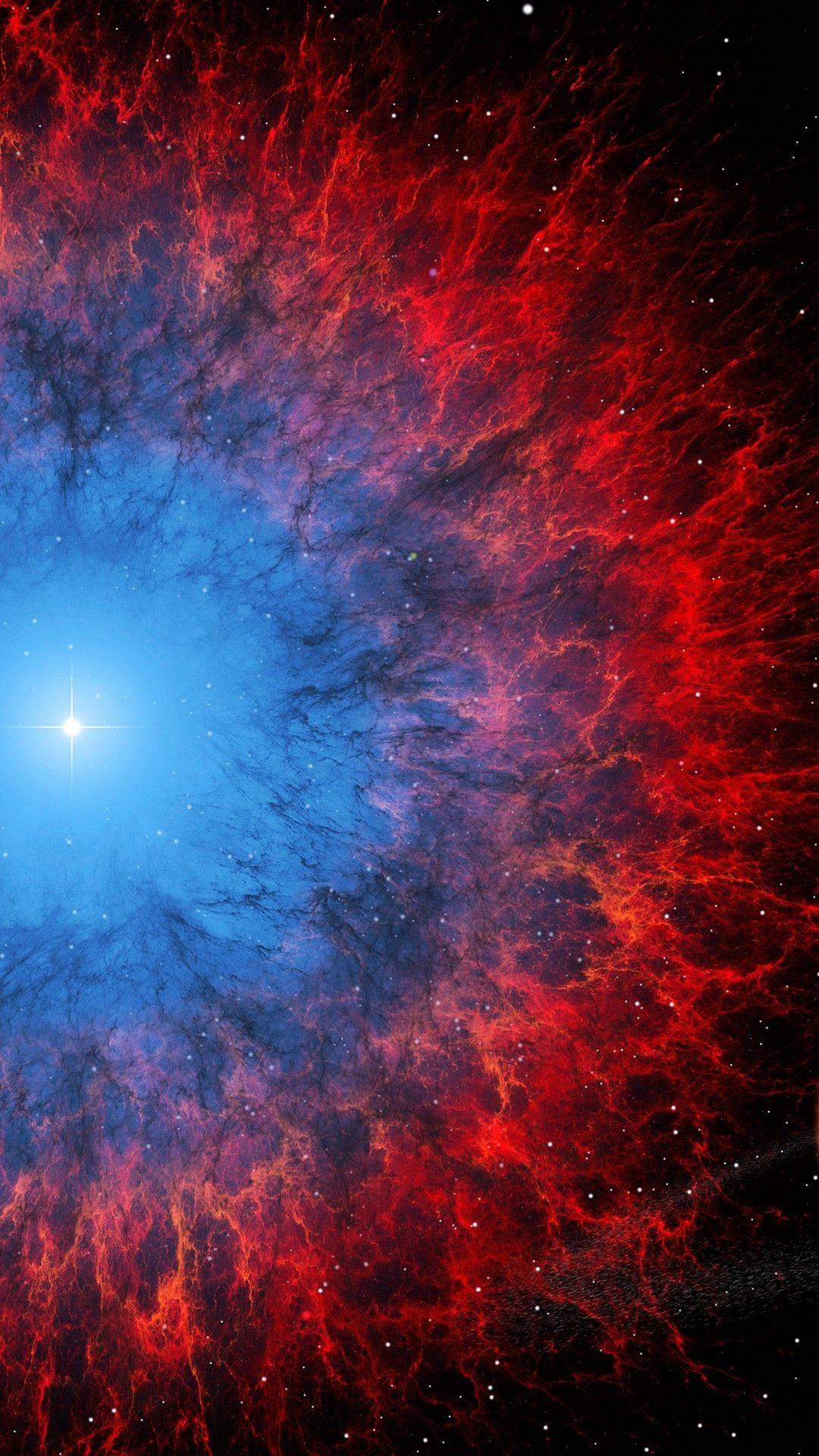 紅藍星雲宇宙手機壁紙 壁紙 — 充滿活力的宇宙星雲，火紅色的觸鬚在深藍色虛空和光芒四射的中心恆星周圍旋轉。