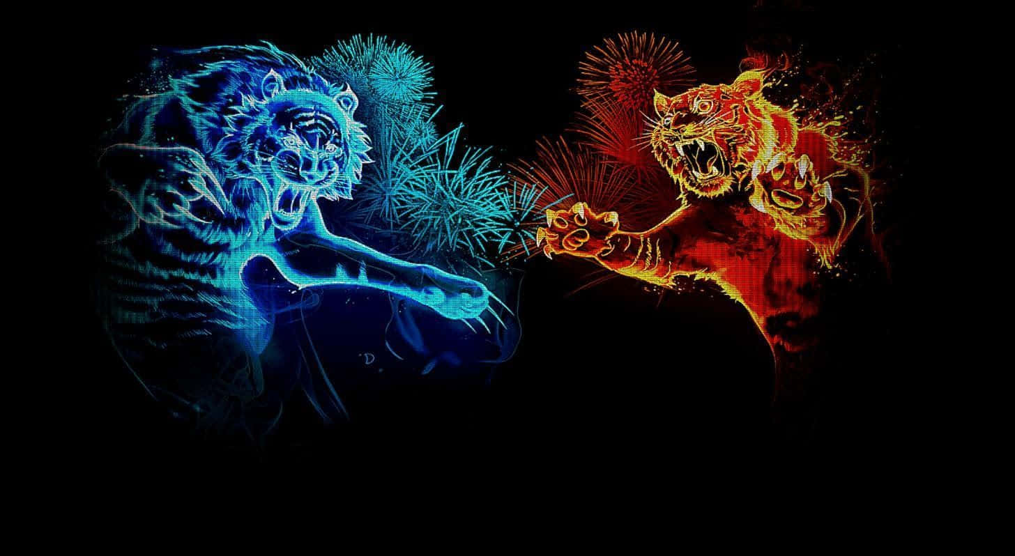 兩隻發光的老虎——一隻藍色和一隻橙色——在黑色背景上以爆炸性能量碰撞。
