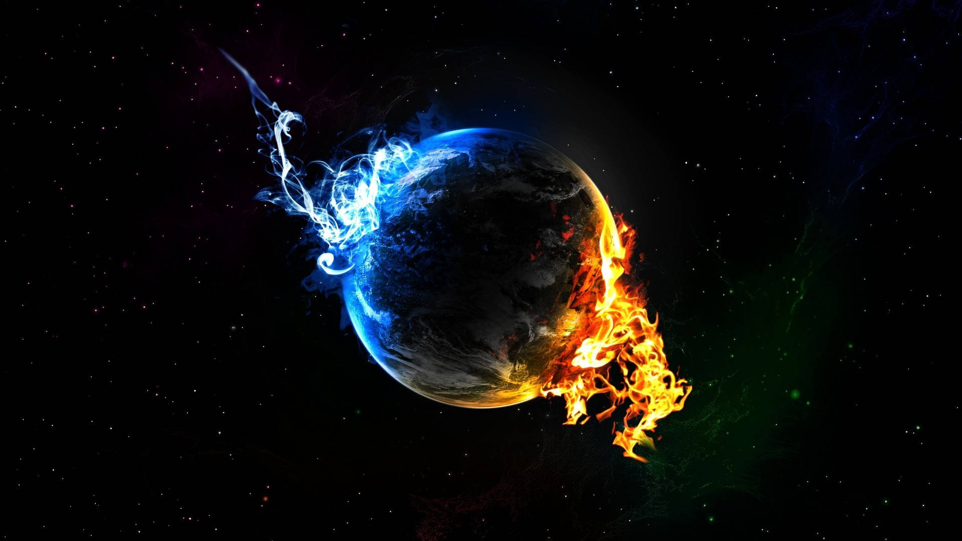 紅藍火焰星球 壁紙 — 一顆行星被分成兩半，一半被熾熱的橙色火焰吞噬，另一半則在繁星點點的宇宙背景下旋轉著冰冷的藍色煙霧。