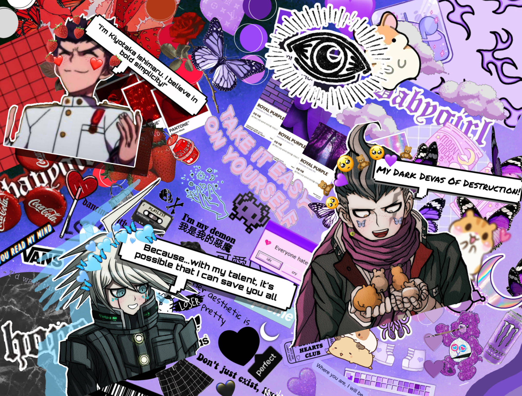紅藍紫遊戲DanganronpaPicsart 壁紙 — 一個充滿活力的紫色拼貼畫，包含動漫角色、蝴蝶、文字語錄和流行文化貼紙，以混亂的數位剪貼簿風格呈現。