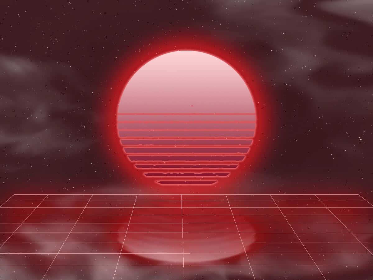 帶有水平線條的紅色太陽在黑暗星空的發光網格上昇起。