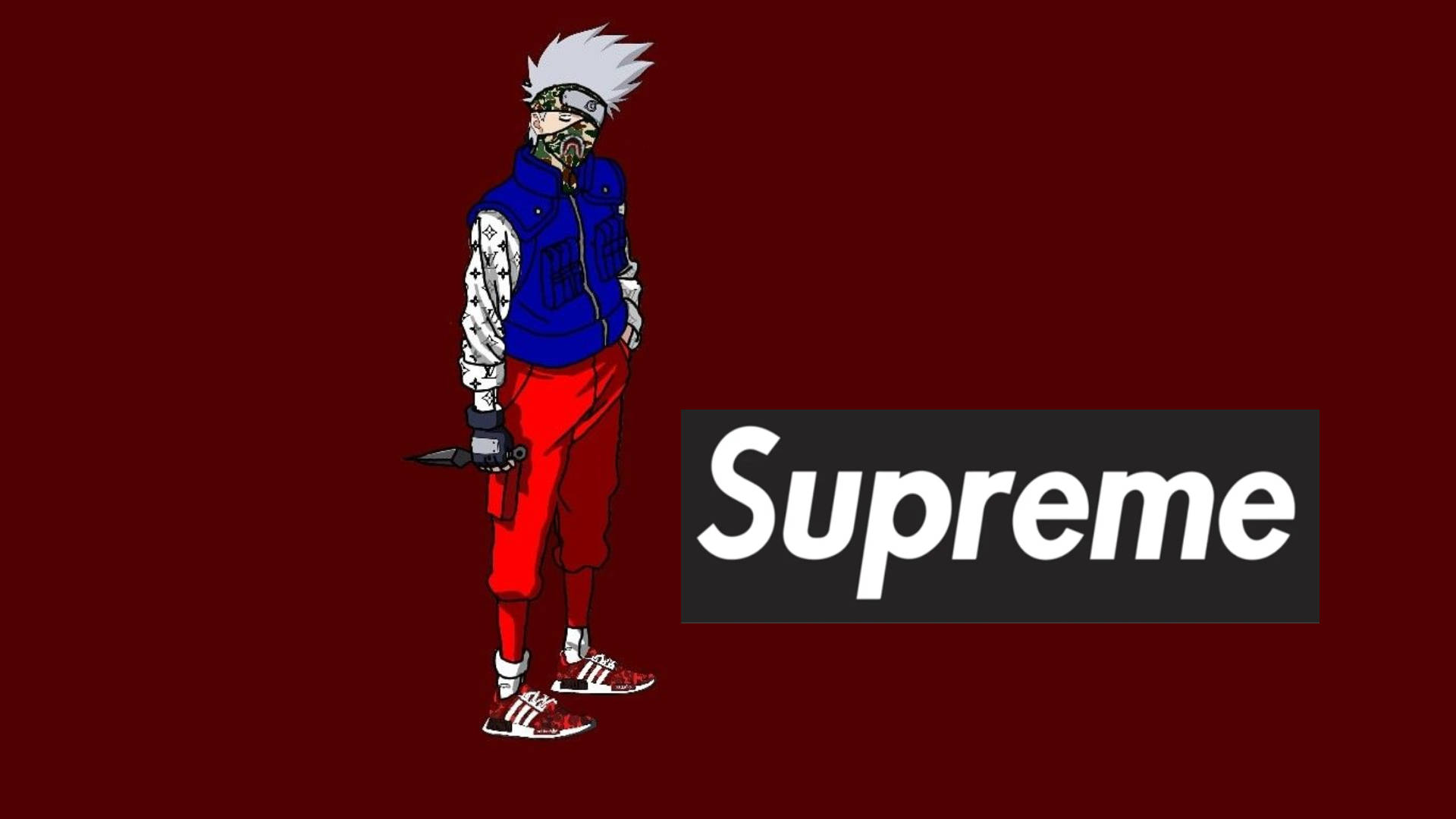 白色頭髮和面具的動漫忍者手持刀具站在 Supreme 標誌旁邊。