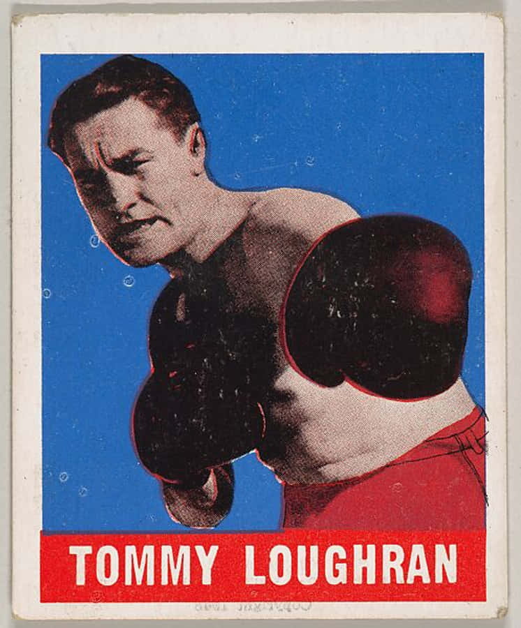 紅藍配色的湯米·勞倫 壁紙 — 復古拳擊卡， featuring Tommy Loughran 穿著紅色短褲和黑色手套，背景為大膽的藍色。