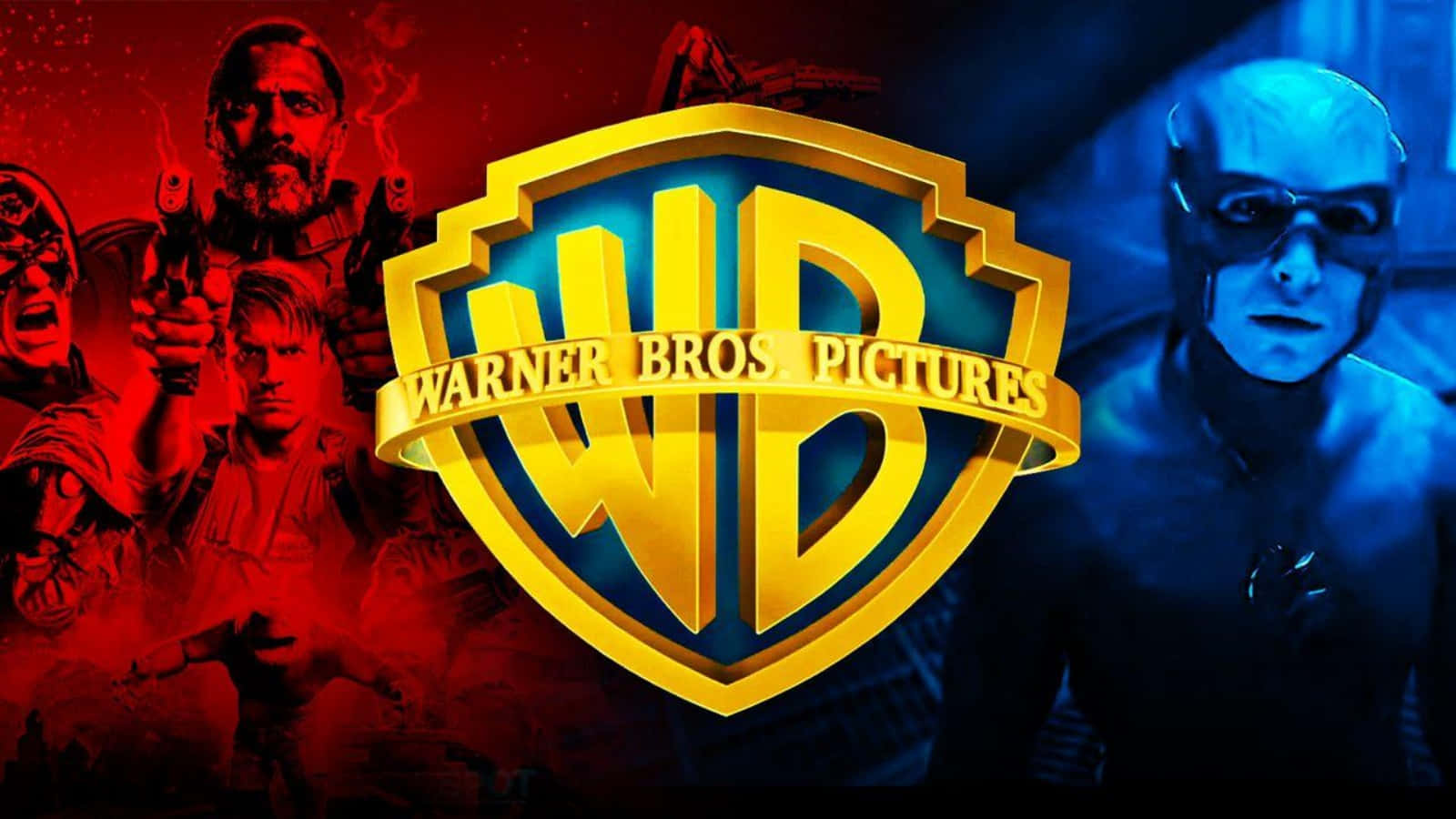 Warner Bros Pictures 標誌與紅色和藍色調的動作及超級英雄角色。
