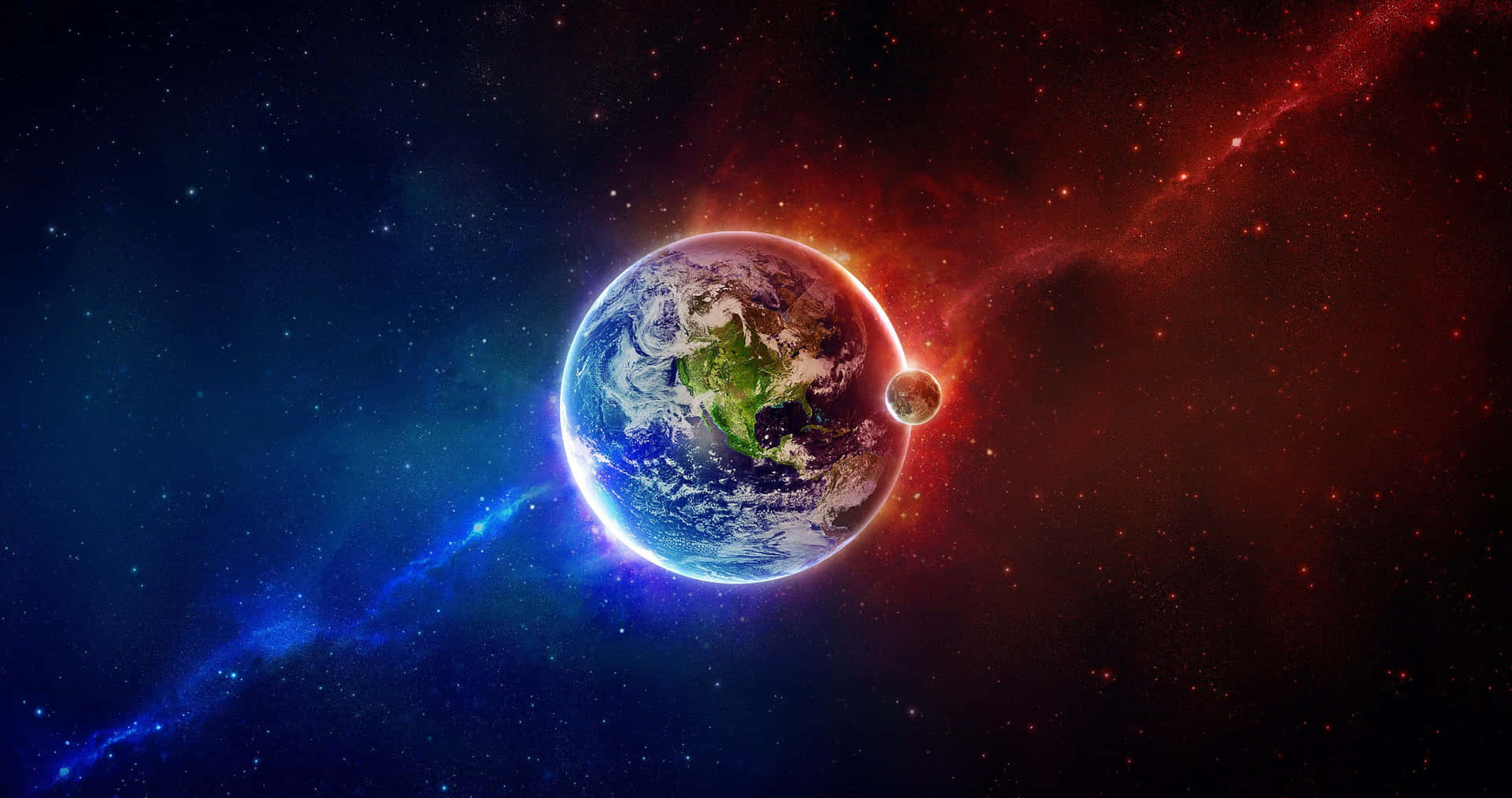 被色彩繽紛的宇宙雲和恆星環繞的地球