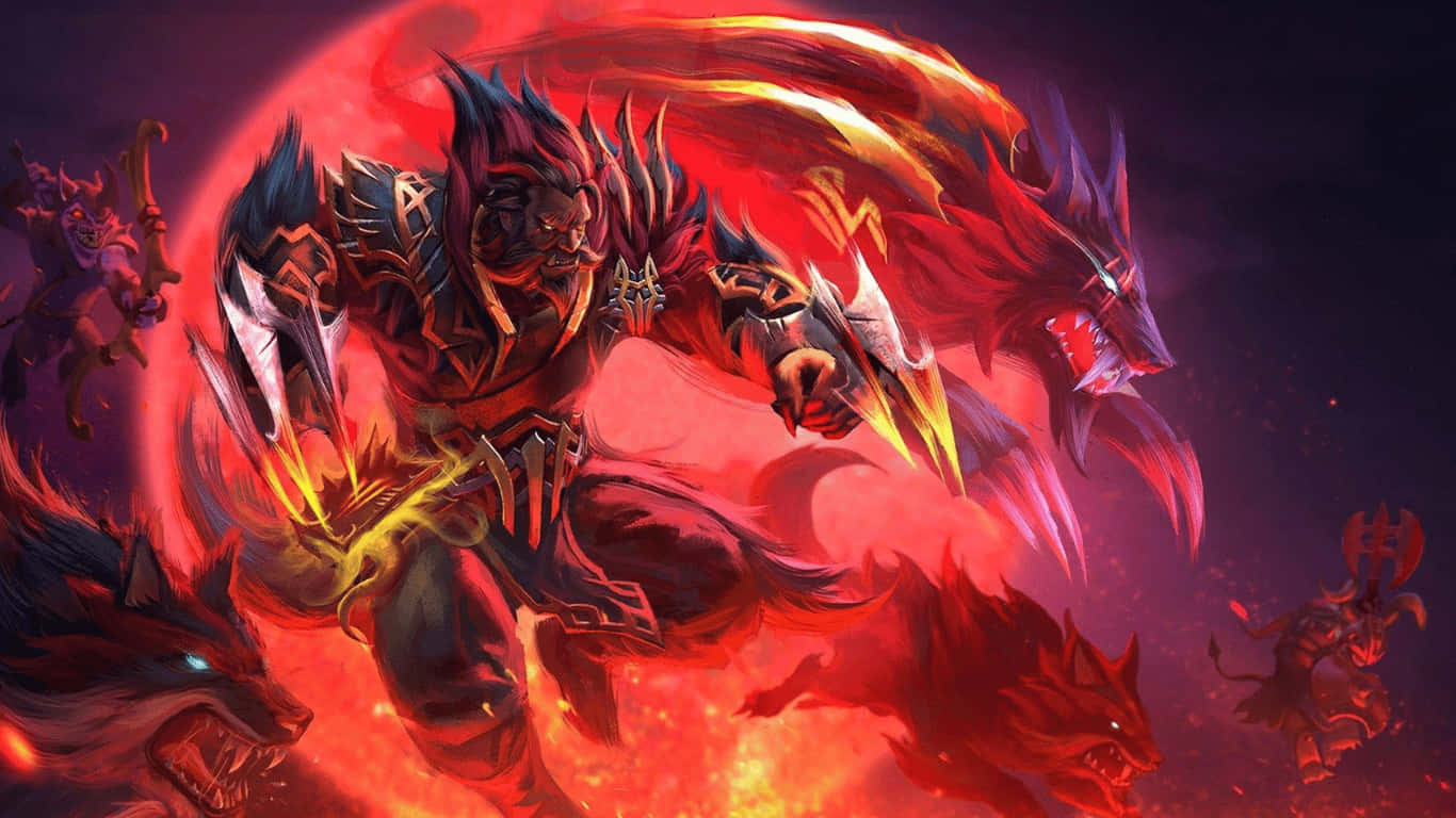 擁有火焰利爪和狼群的惡魔戰士在地獄般的戰鬥場景中。