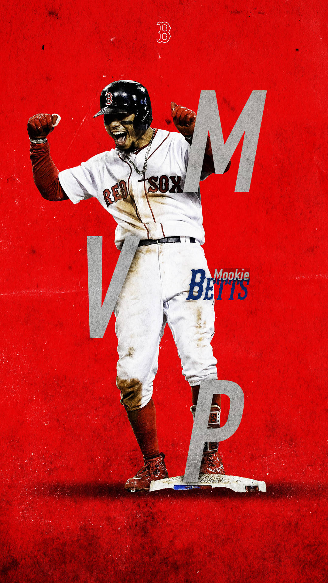 棒球運動員Mookie Betts在紅色背景上身穿紅襪隊制服慶祝MVP勝利。