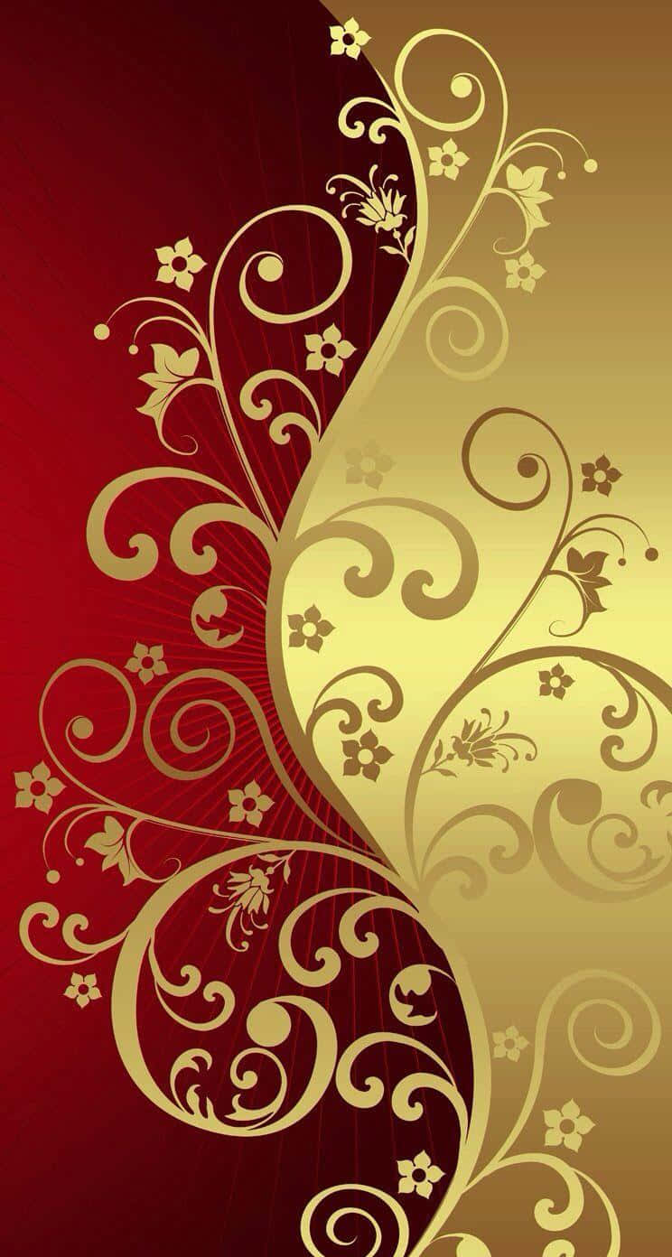 金色花卉漩渦在紅色到金色漸變背景上。