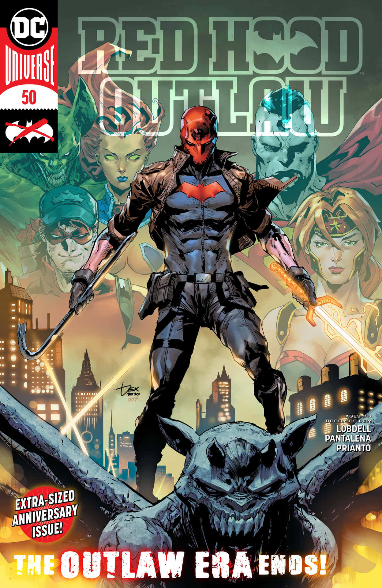 Red Hood 企喺一隻巨型蝙蝠上面，背後有城市，被其他角色包圍。