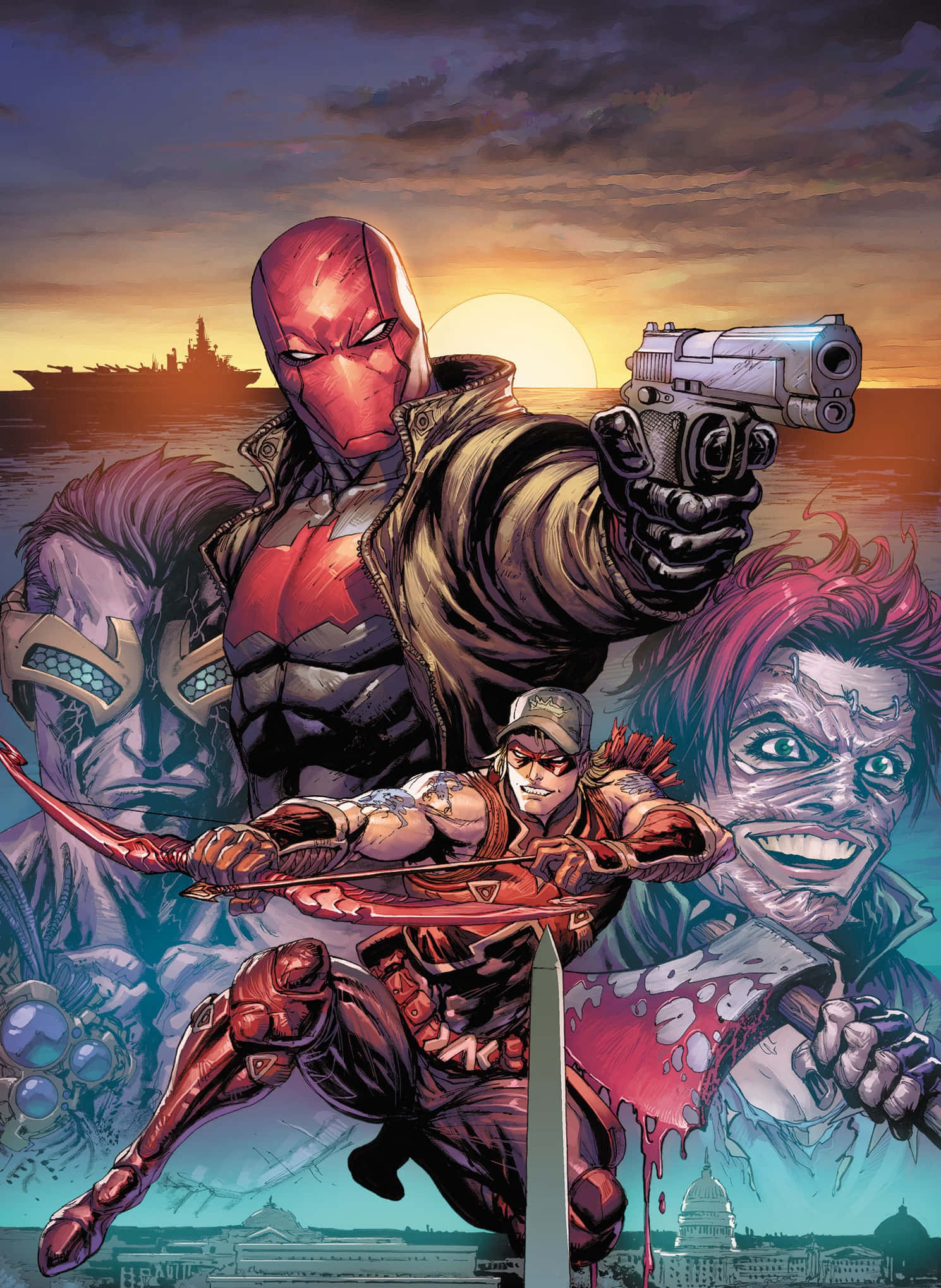 Red Hood 桌布 壁紙 — 紅頭罩與阿森納在夕陽背景下，背後有華盛頓紀念碑和船隻剪影，傲然挺立。