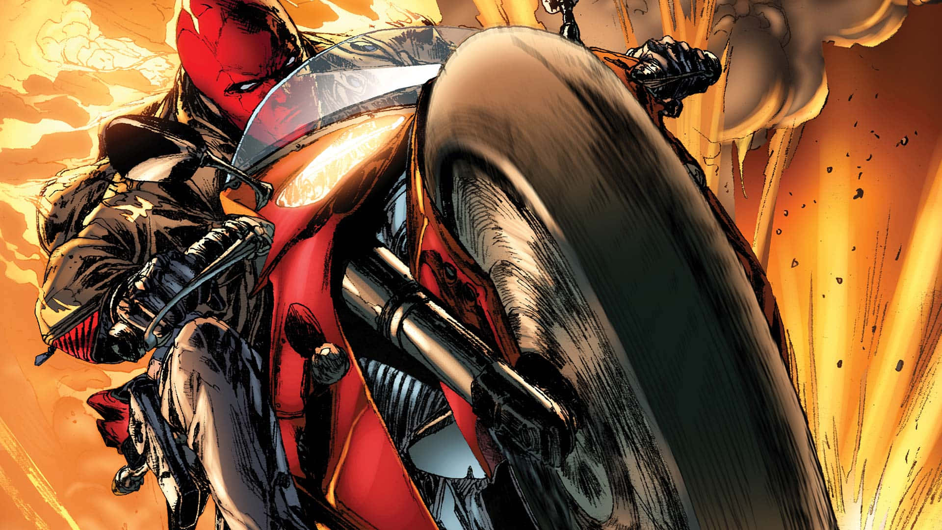 Red Hood 騎著紅色電單車在熾熱爆炸中疾馳。