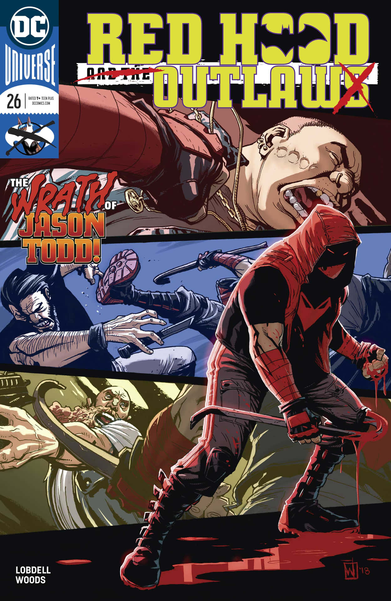 Red Hood 喺漫畫格入面，揮舞武器對住一個倒下嘅敵人。