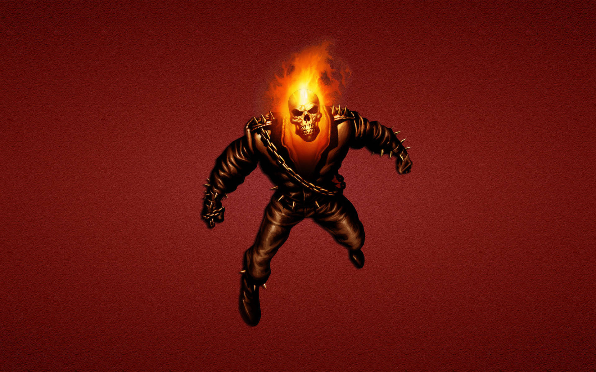 紅骷髏——邪惡的陰謀家 壁紙 — Ghost Rider 頭部燃燒的骷髏，身穿帶釘皮衣，在深紅色背景上跳躍。