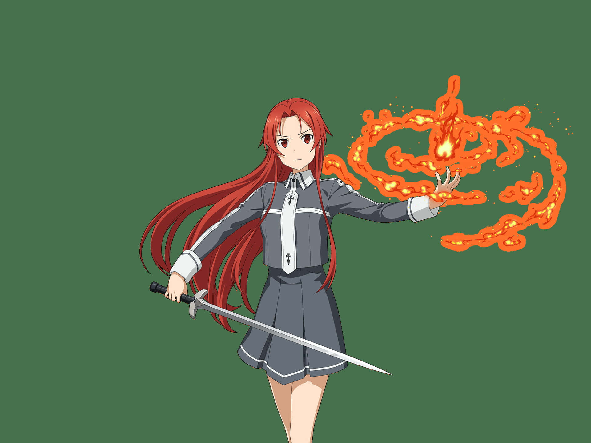 Tiese Schtrinen 桌布 壁紙 — 紅髮動漫女孩在純綠色背景上揮舞劍和火焰魔法鏈。