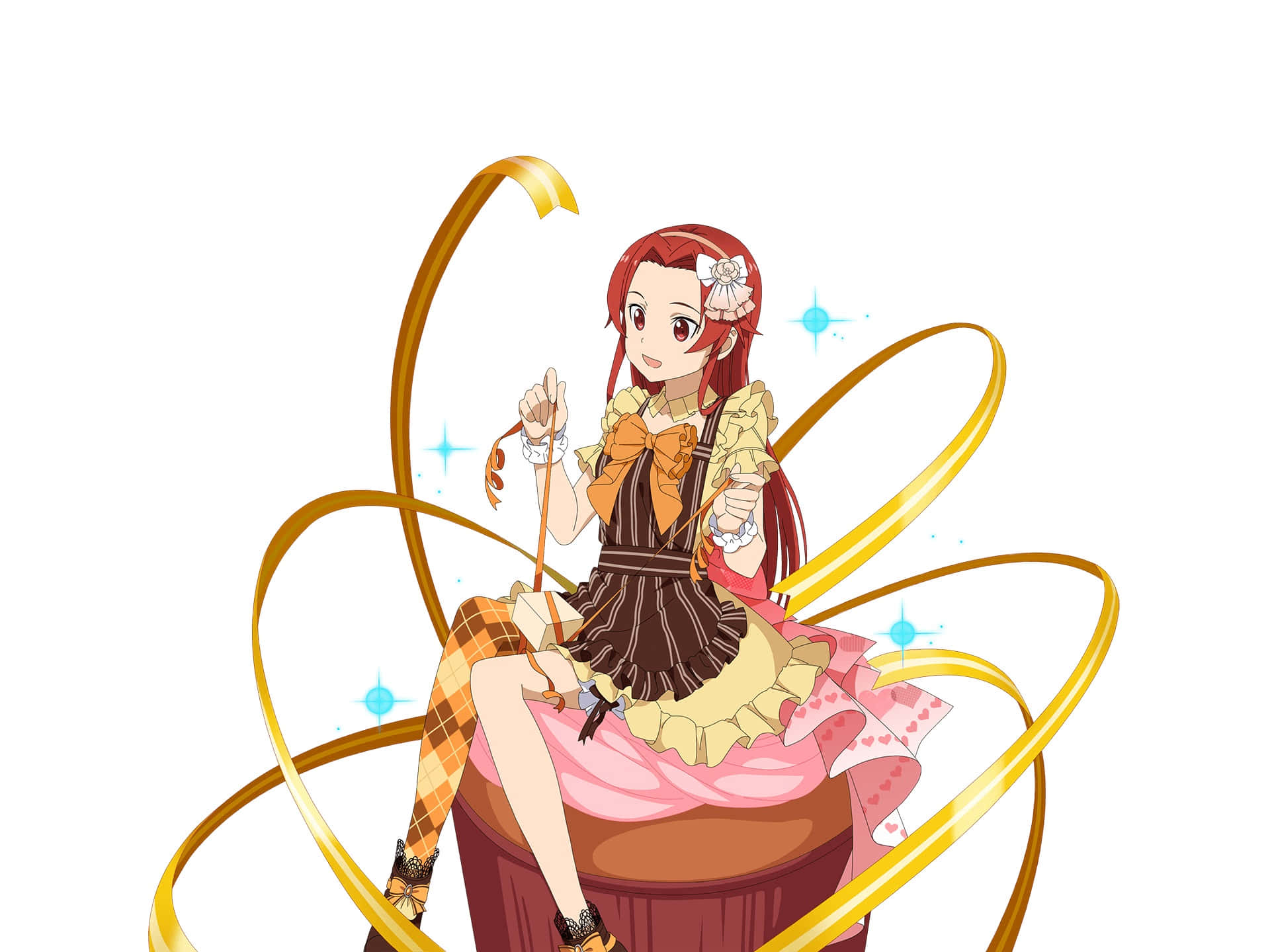 Tiese Schtrinen 桌布 壁紙 — 紅髮動漫女孩坐在鼓上，周圍環繞著旋轉的金色絲帶和閃爍的藍色星星。