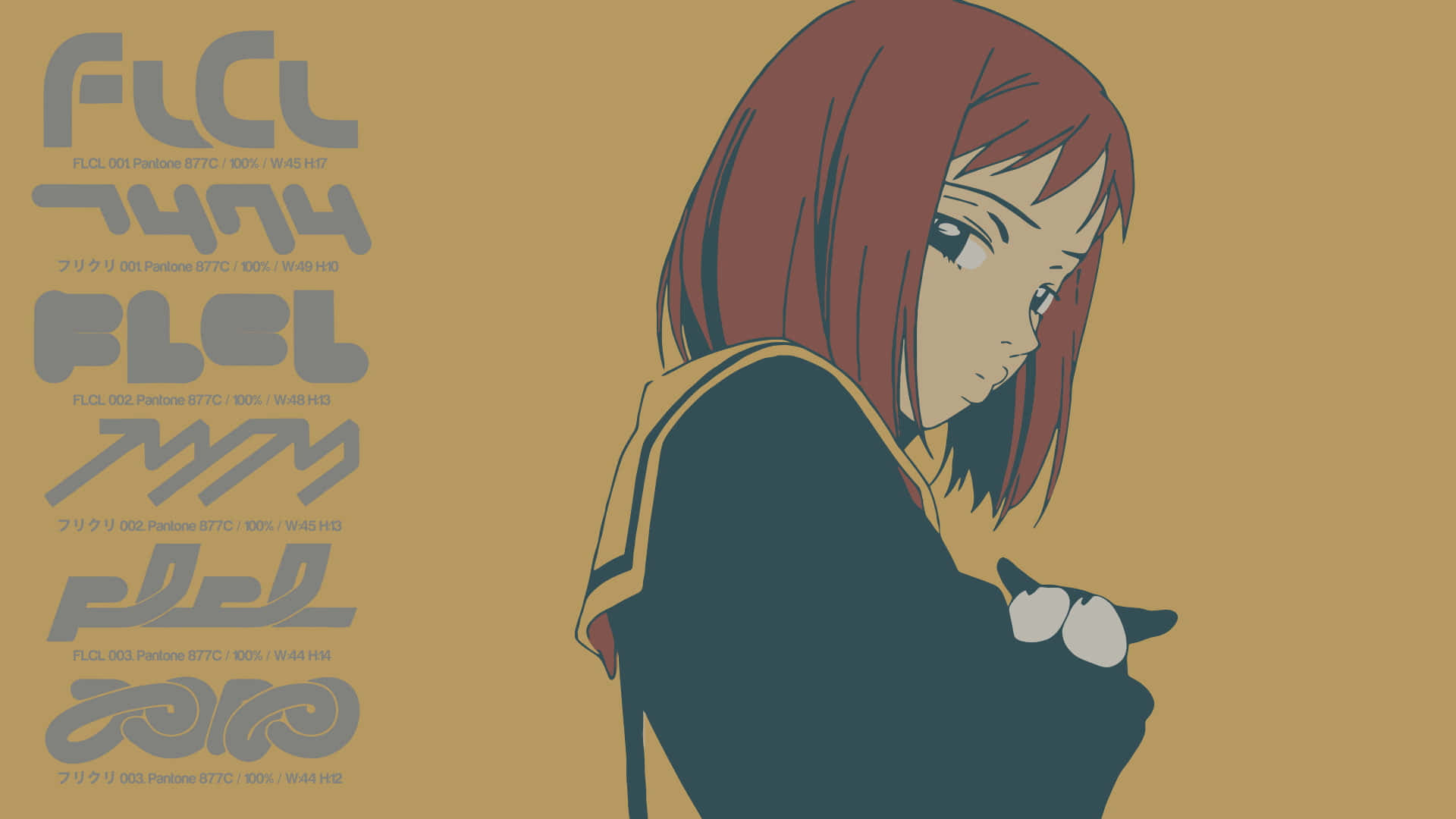 Haruko Haruhara 桌布 壁紙 — 紅髮動漫女孩穿著校服，在溫暖的米色背景上拿著眼鏡，並帶有風格化的FLC標誌文字。